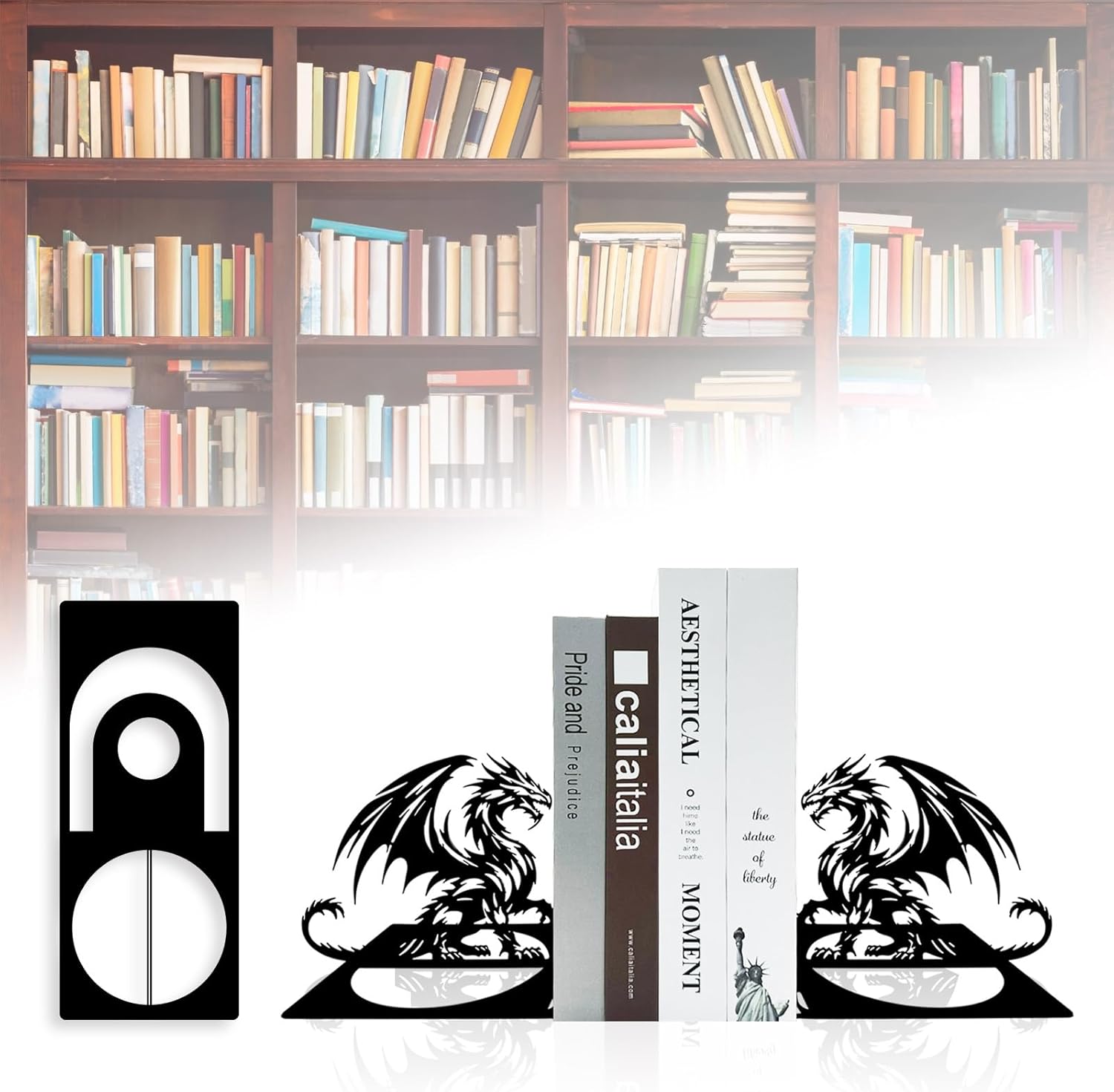 Metal Dragon Bookends, Dragon Bookends for Shelves, Western Book Ends, Bookshelf Decor Fantasy, Book Stopper, Book Ends Decorative, Black Book Holders for Home Office