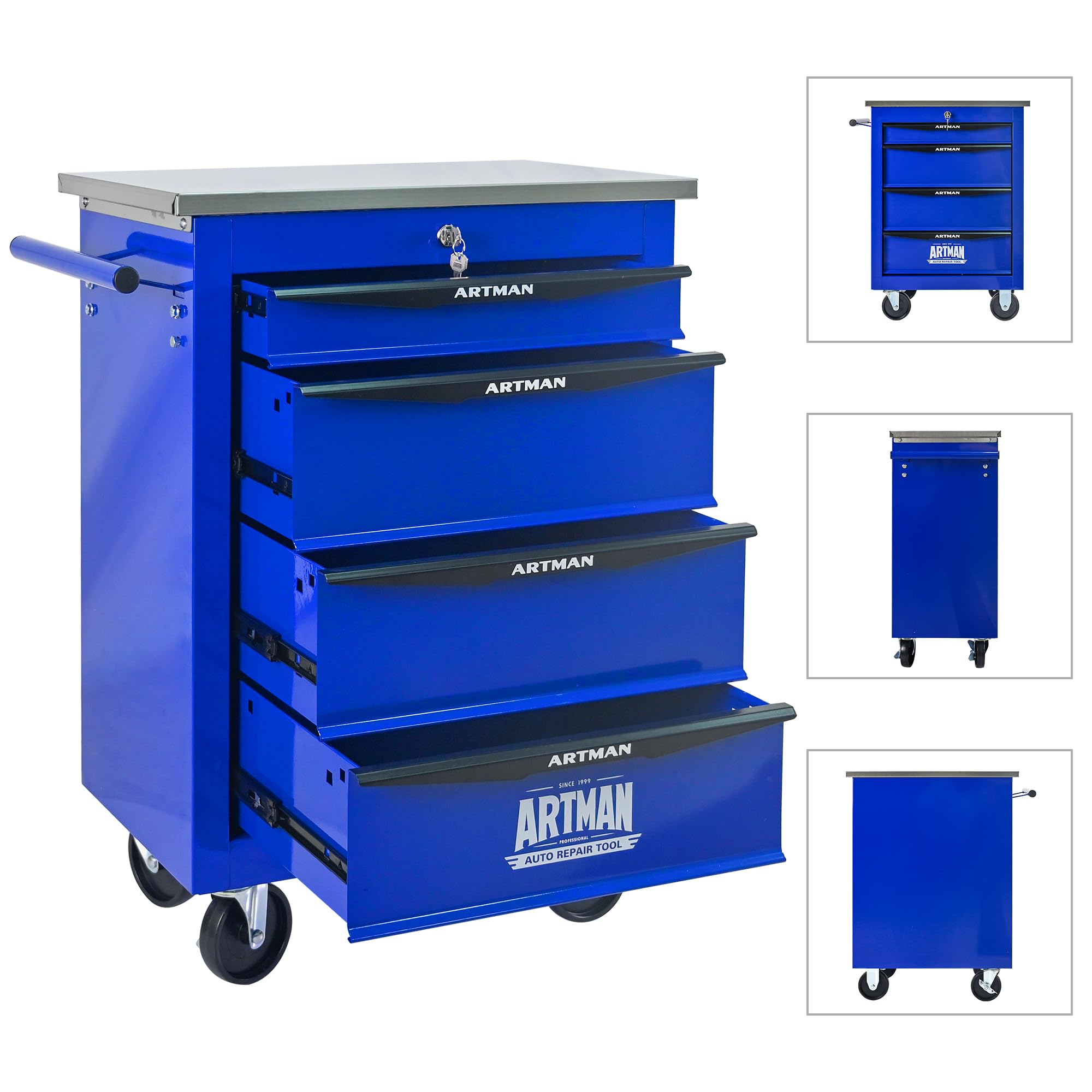 Generisch Carrello portautensili a 4 cassetti, con ruote e cassetti, 15 kg per cassetto, struttura in acciaio, verniciato a polvere, piano di lavoro e ganci, per garage/officina