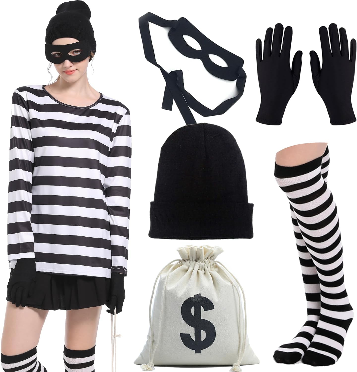 Adult Unisex Robber Costume Set Black and White Striped T-Shirt Thief Accessories for Halloween Cosplay Costume