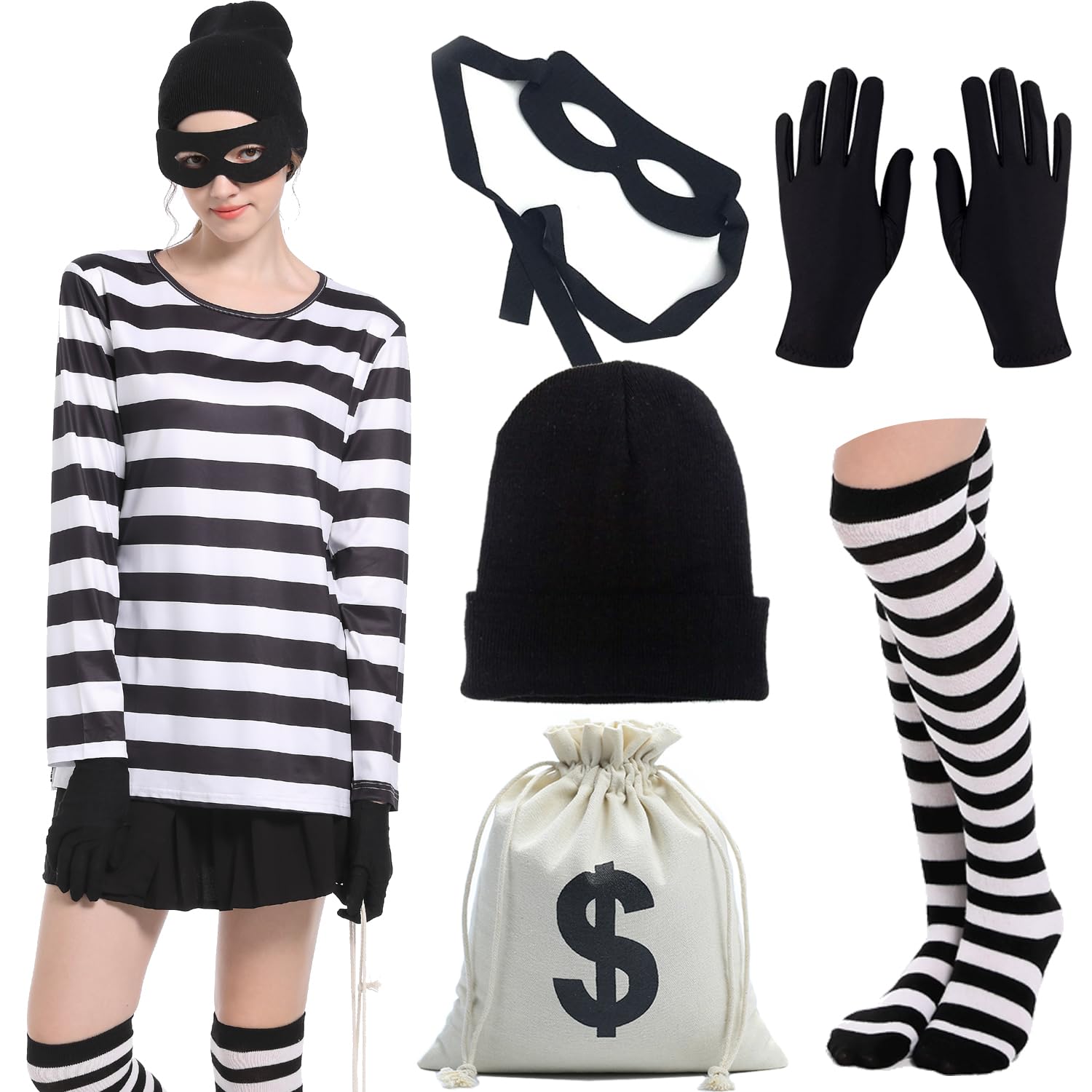 Adult Unisex Robber Costume Set Black and White Striped T-Shirt Thief Accessories for Halloween Cosplay Costume