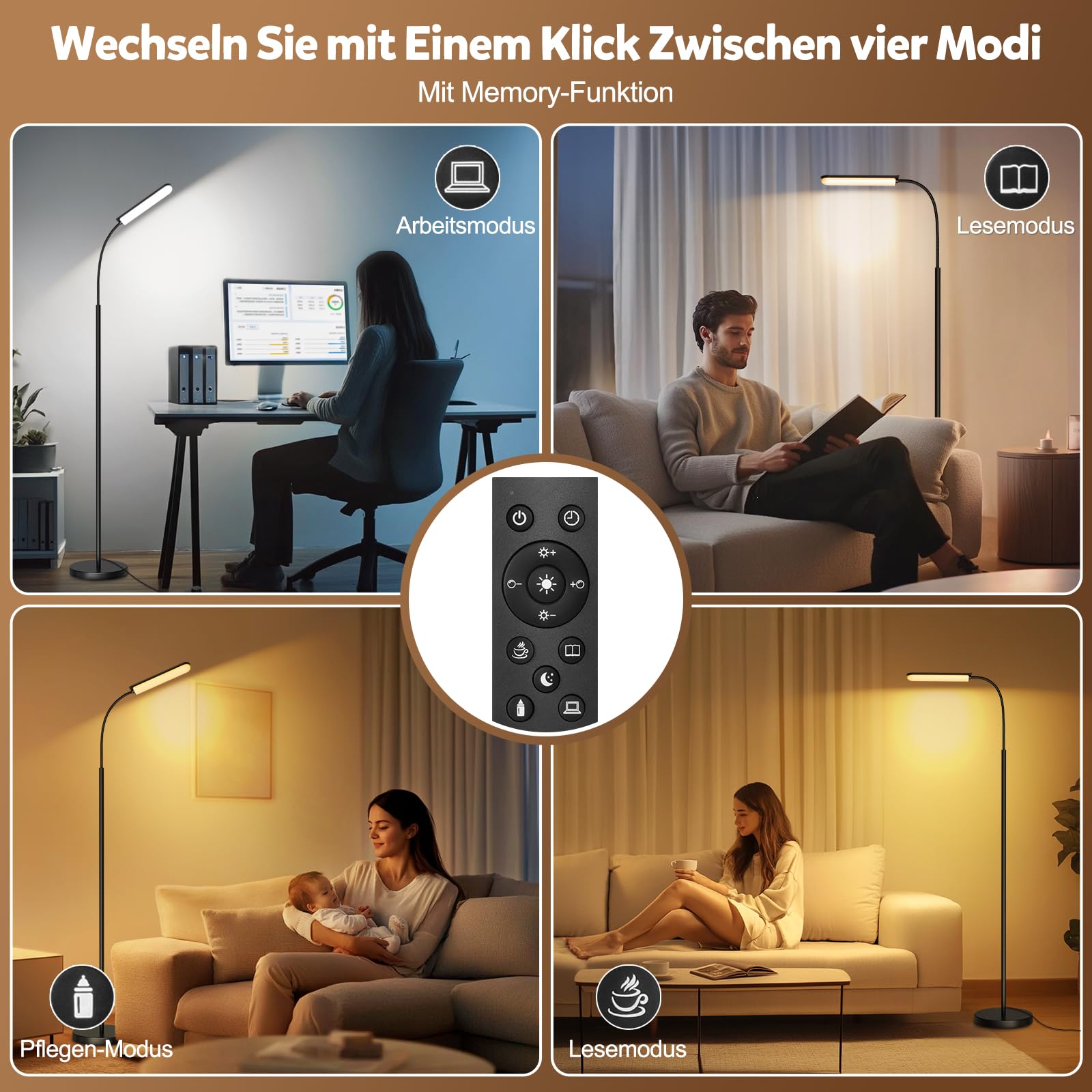LED Stehlampe Dimmbar 18W 1650LM Schwarz,Standleuchte Wohnzimmer mit 360° Schwanenhals & Unendlich Dimmer (3000K-6500K),Leselampe Fernbedienung (Retro)