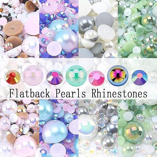 Miniatura 3 de Mezcla de perlas planas de 1.76 oz y diamantes de imitación de parte trasera plana para manualidades, diamantes de imitación de resina de color de