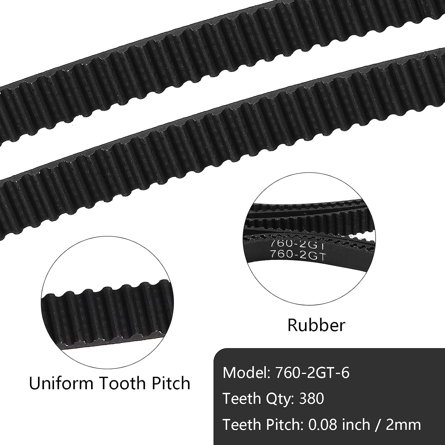 GT2 Timing Belt 760mm, 6mm Width, 380 Teeth, Neoprene