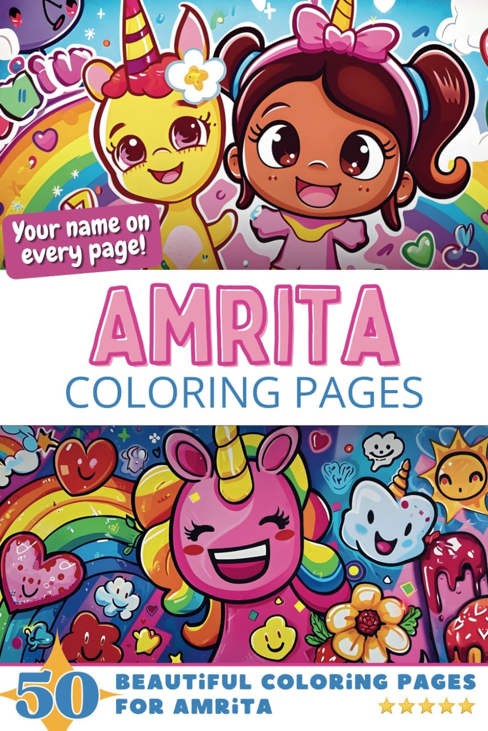Amrita Coloring Pages: Wow-Effect! Your name on every page - Amrita coloring book - 6x9" - 50x Amrita coloring page - Fantastic Gift