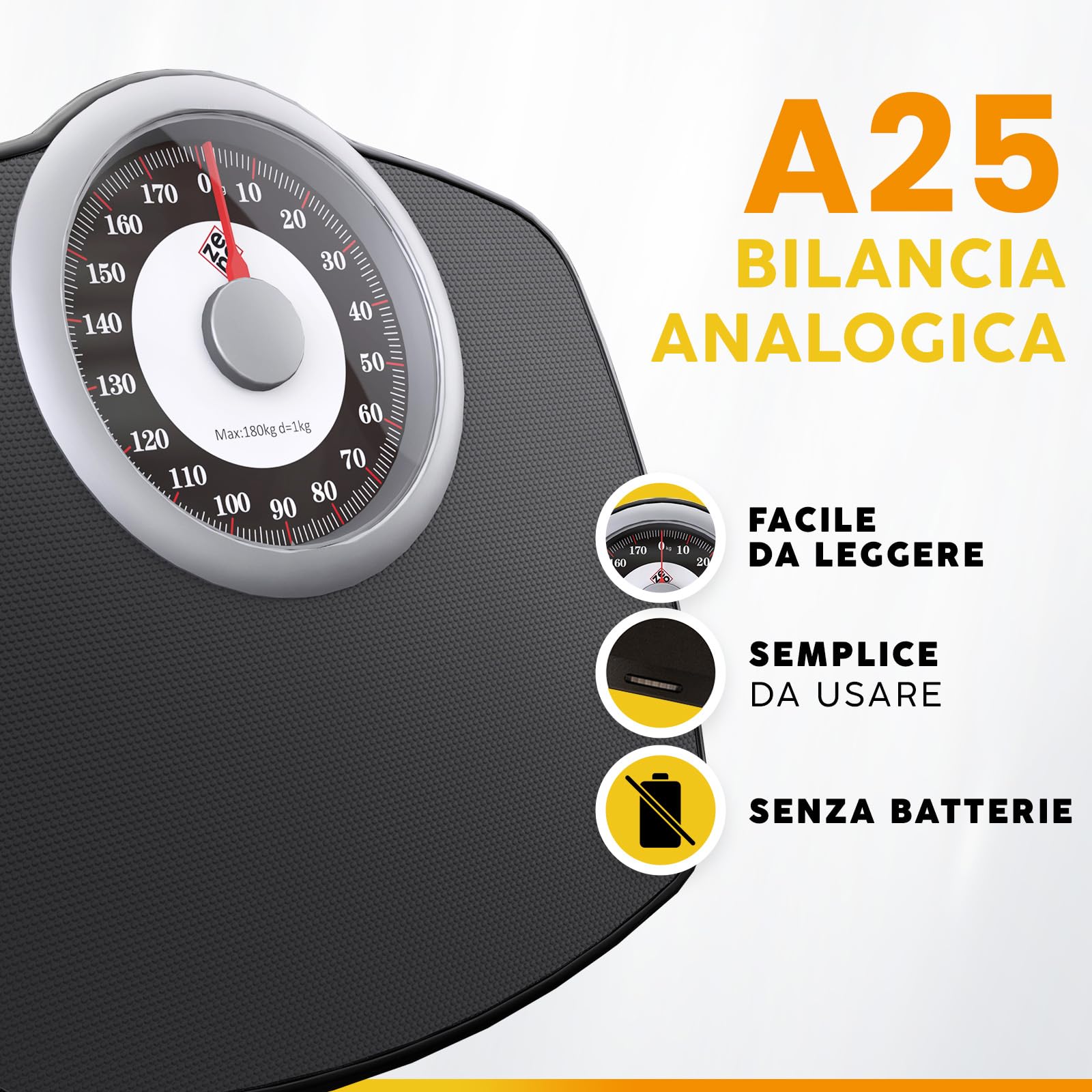 Zeno A25 Bilancia per Peso Corporeo - Fino a 180 KG - Quadrante Da 5,3” SU Piattaforma 31x30cm - Superficie in Gomma Antiscivolo - Bilancia Da Bagno Analogica Ad Precisione - 20 Anni DI Garanzia