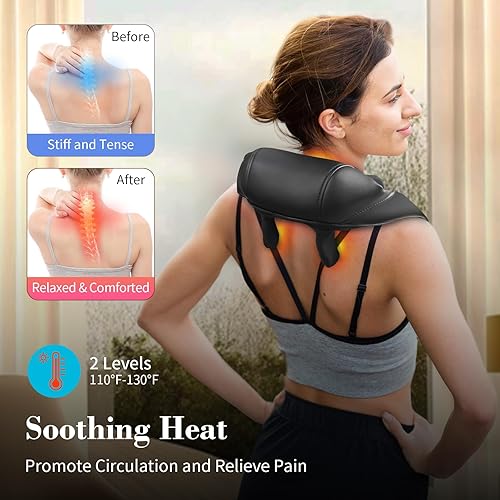 Miniatura 3 de Masajeador de cuello Shiatsu con calor, masaje de amasamiento de tejido profundo inalámbrico 4D para aliviar el dolor, masaje recargable para