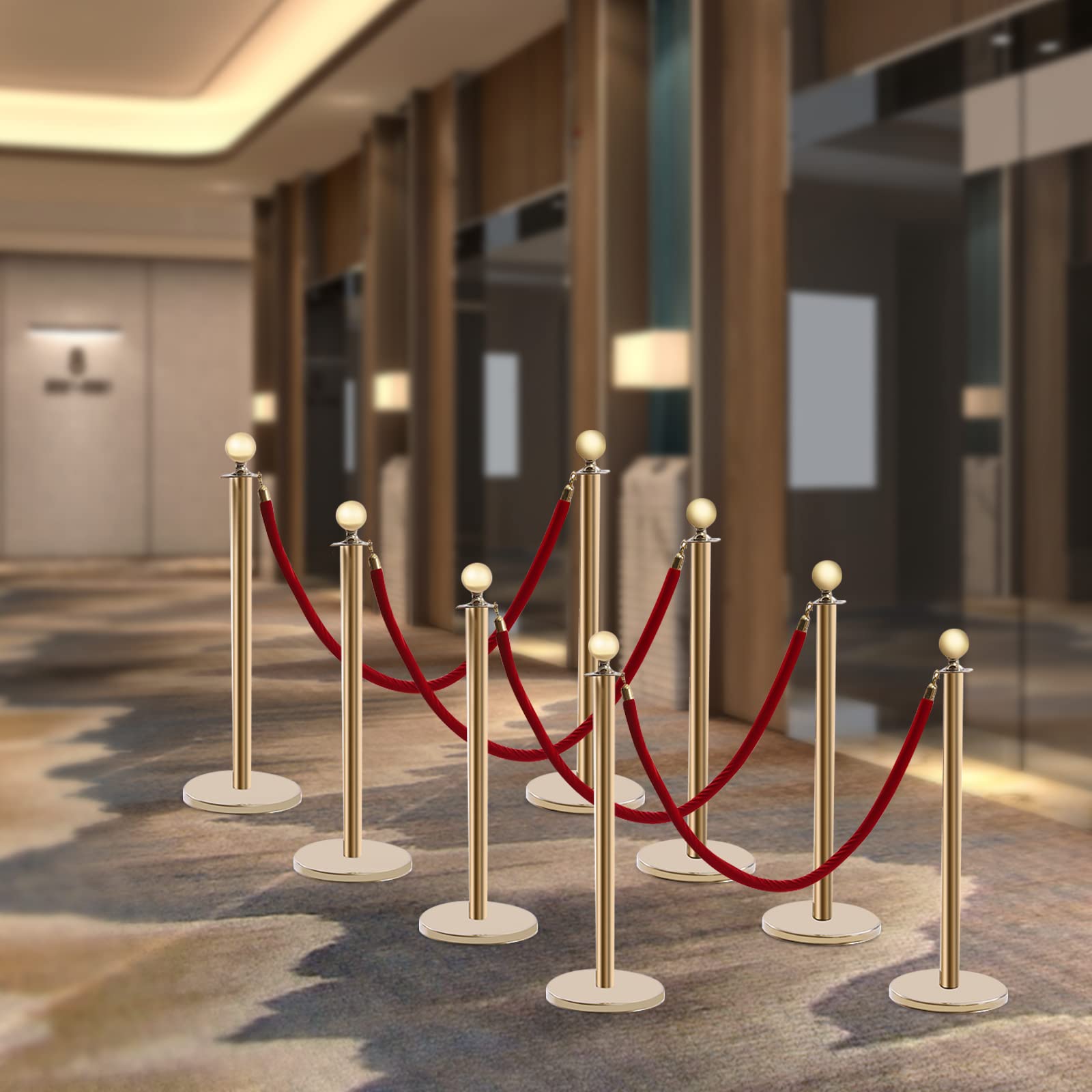 Stanchions and Velvet Ropes, 8 PCS Stainless Steel Stanchion Post Queue, Crowd Control Stanchion Gold Posts Set with 5 ft Velvet Carpet Ropes and Poles Crowd Control Barriers Rubber Base Set