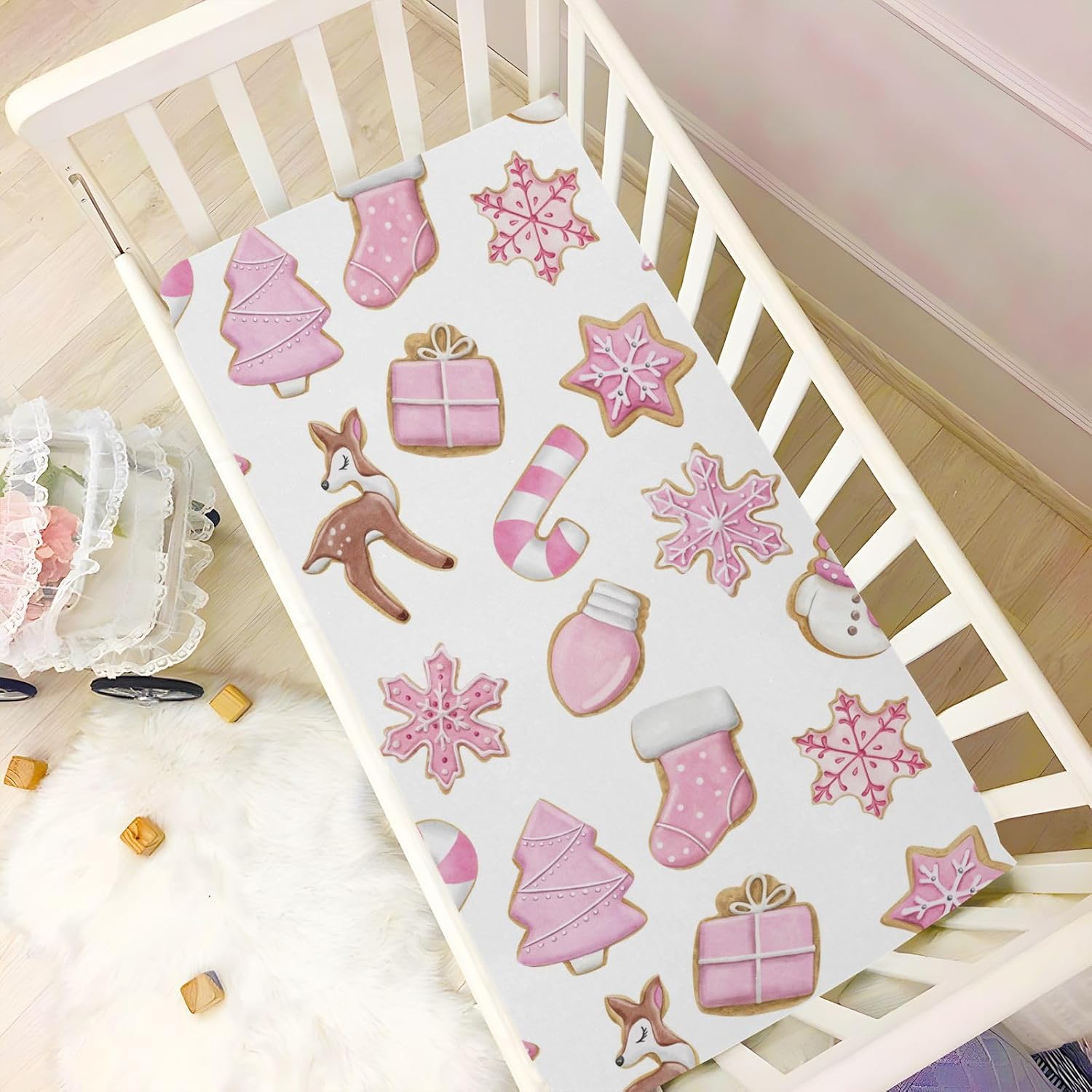 Pink Christmas Cookies Fitted Crib Sheet for Boys Girls Baby Crib Sheet Crib Mattress Sheet Soft Baby Sheets for Pack N Play Mattress Pad,39 x 27 in