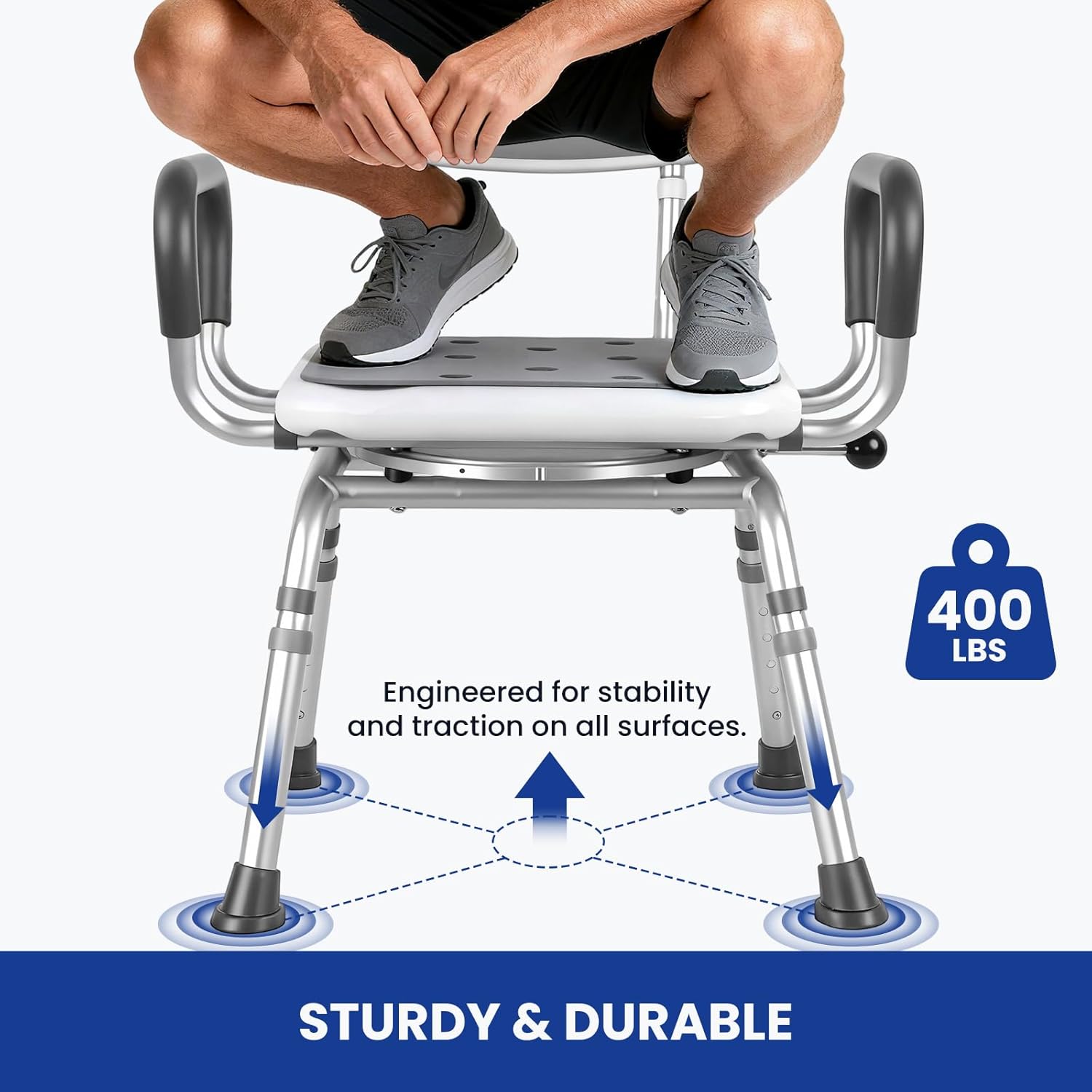 Deluxe Swivel Shower Chair with Arms & Back by CZMY, 360° Locking Seat, 5-Level Height Adjustable, Padded Heavy-Duty Bath Chair, 300 lbs, for Seniors, Elderly, Handicap & Disabled