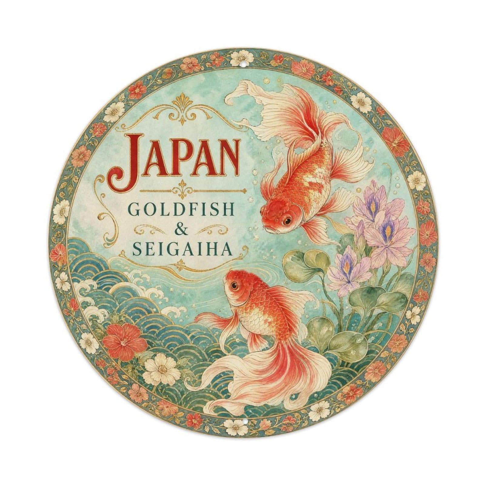 Olyhtr 8X8inch Classic Style Taisho Japan Goldfish Seigaiha Ceramic Folk Metal Tin Sign