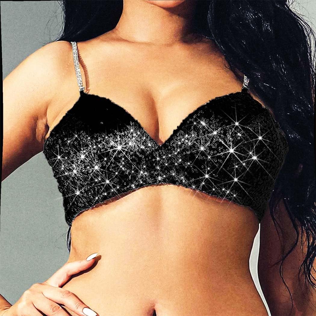 GRAEEN Sequin Spaghetti Strap Cami Tops Deep V Neck Crop Tops Glitter Sleeveless Tank Top Nightclub Costume Sequin Top