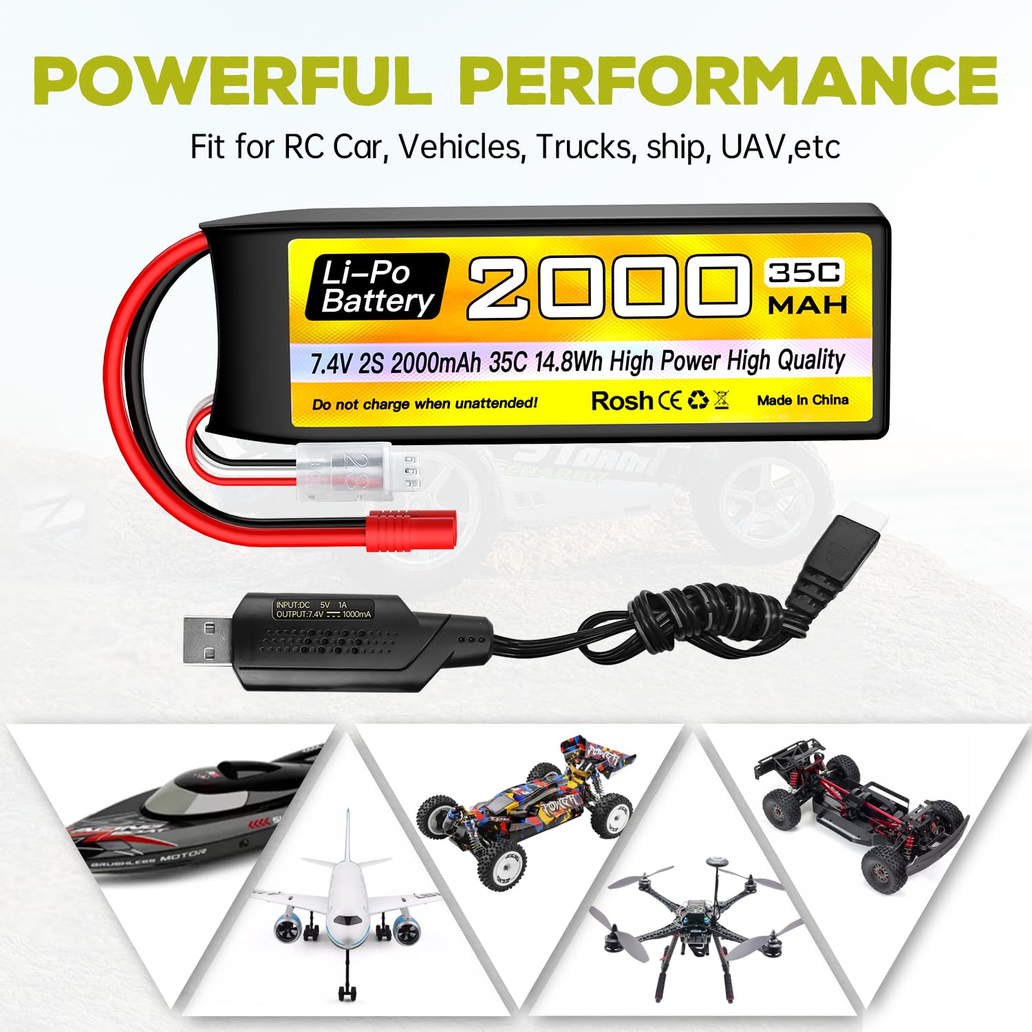 Batterie Lipo 2S 7.4V 2000mAh 35C - Fiches Banane 3.5mm + Câble De Charge USB - Pour RC Voitures, Bateaux, Quadcopter, FPV - 94x34x16mm - 102g