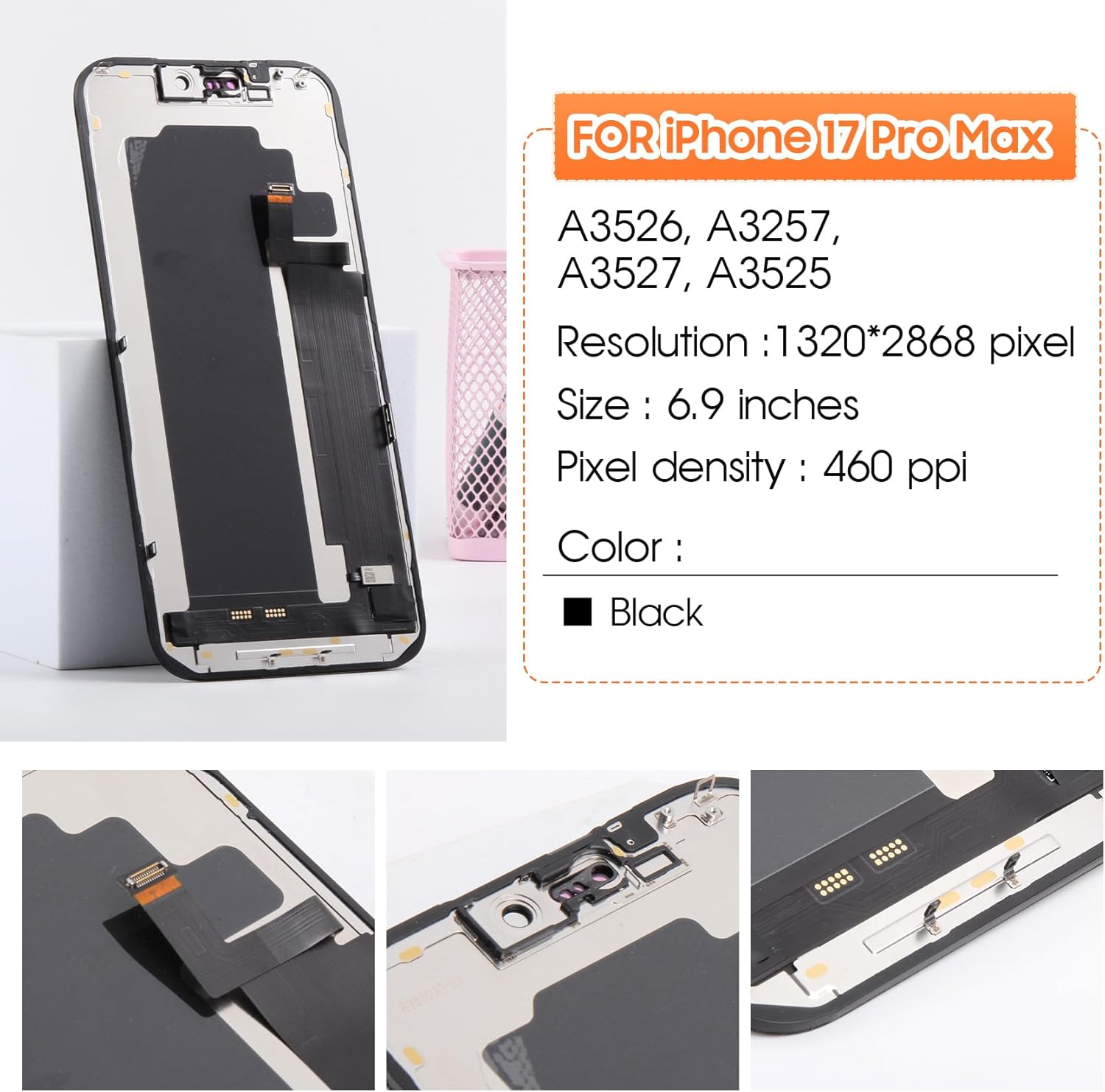 Incell Screen for iPhone 17 Pro Max Screen Replacement for iPhone 17 Pro Max LCD Screen A3526,A3257,A3527,A3525 3D Touch Display Digitizer Assembly Repair Parts No Frame (Black)