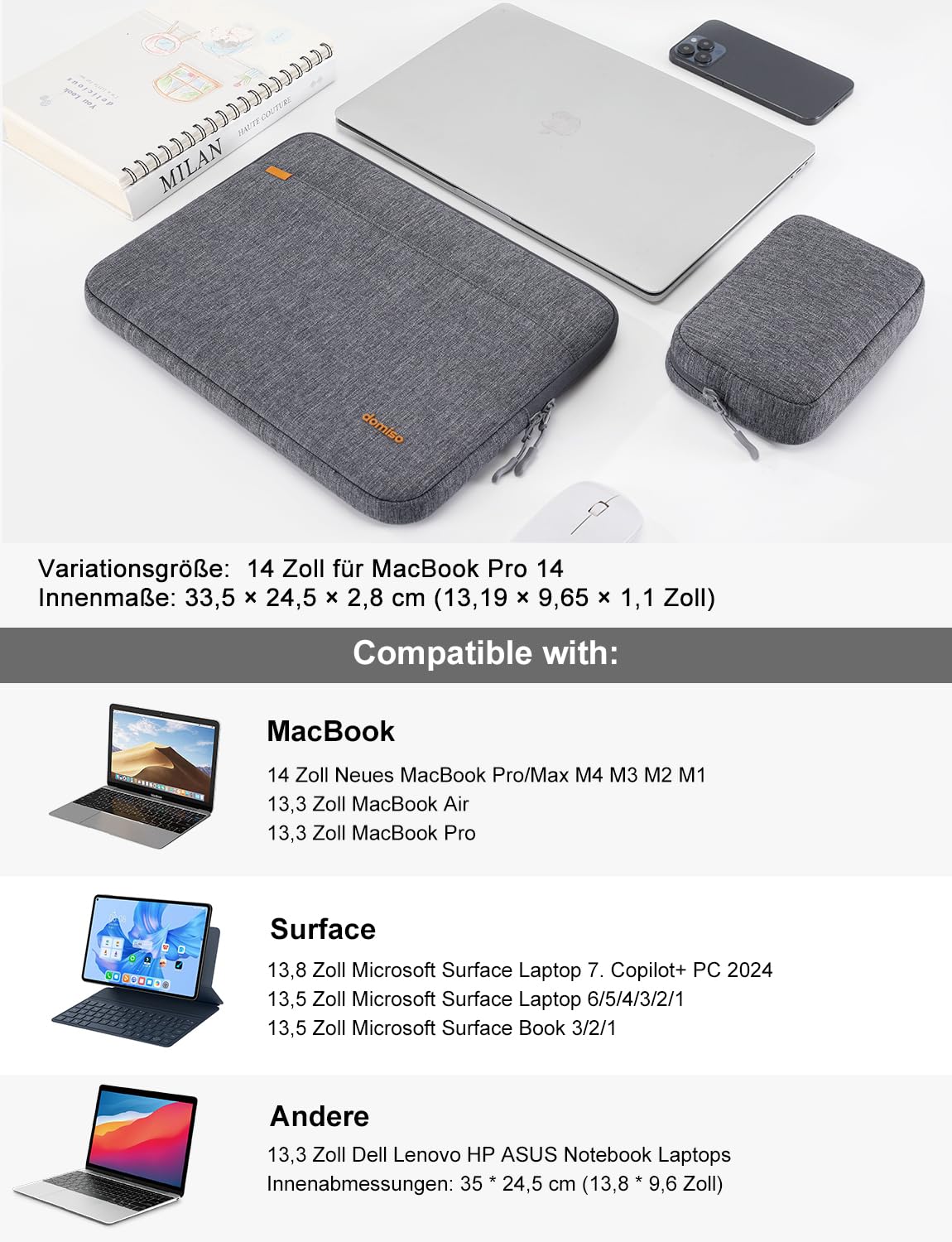 DOMISO Funda para ordenador portátil AA90 (grigio, 13,3 pollici per laptop /14 pollici per MacBook)