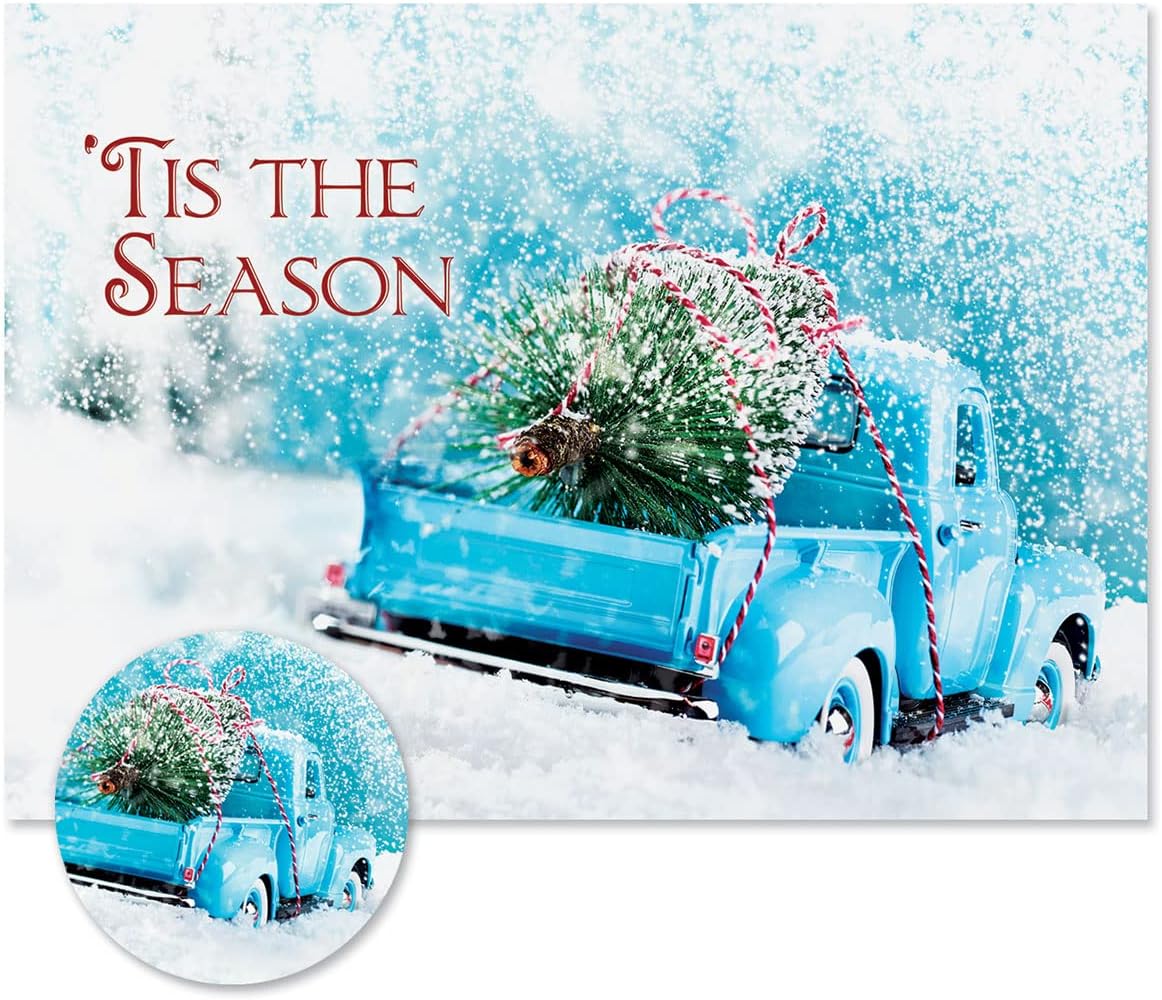 Christmas Tree Truck Personalized Christmas Cards- Set of 24 Custom Holiday Greeting Cards, with Envelopes and Matching Seals