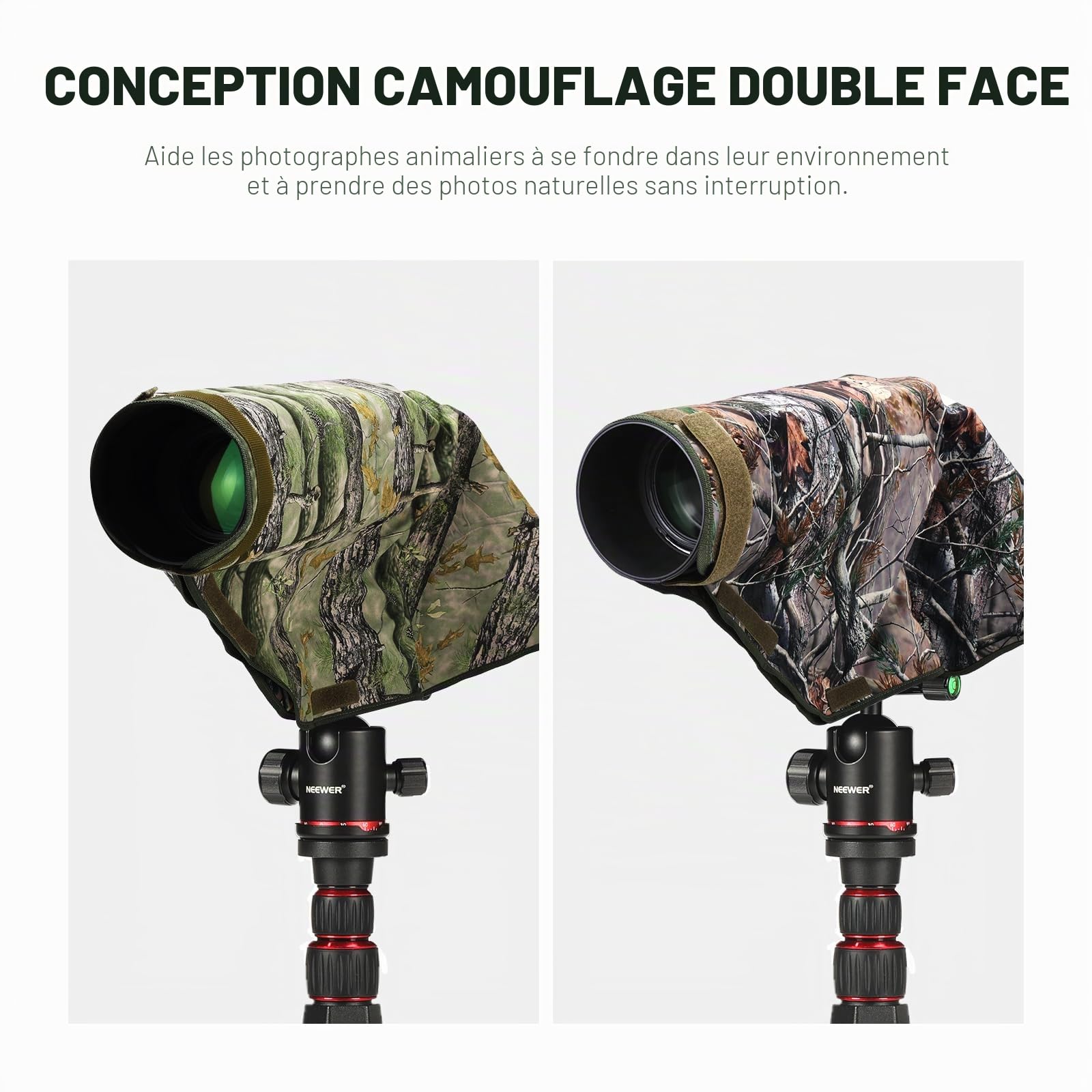 NEEWER Housse de Protection Contre la Pluie pour Appareil Photo Reflex numérique Canon, Sony, Nikon, Fujifilm et objectifs jusqu'à 400 mm, Camouflage des Deux côtés, en Nylon Vert PB020