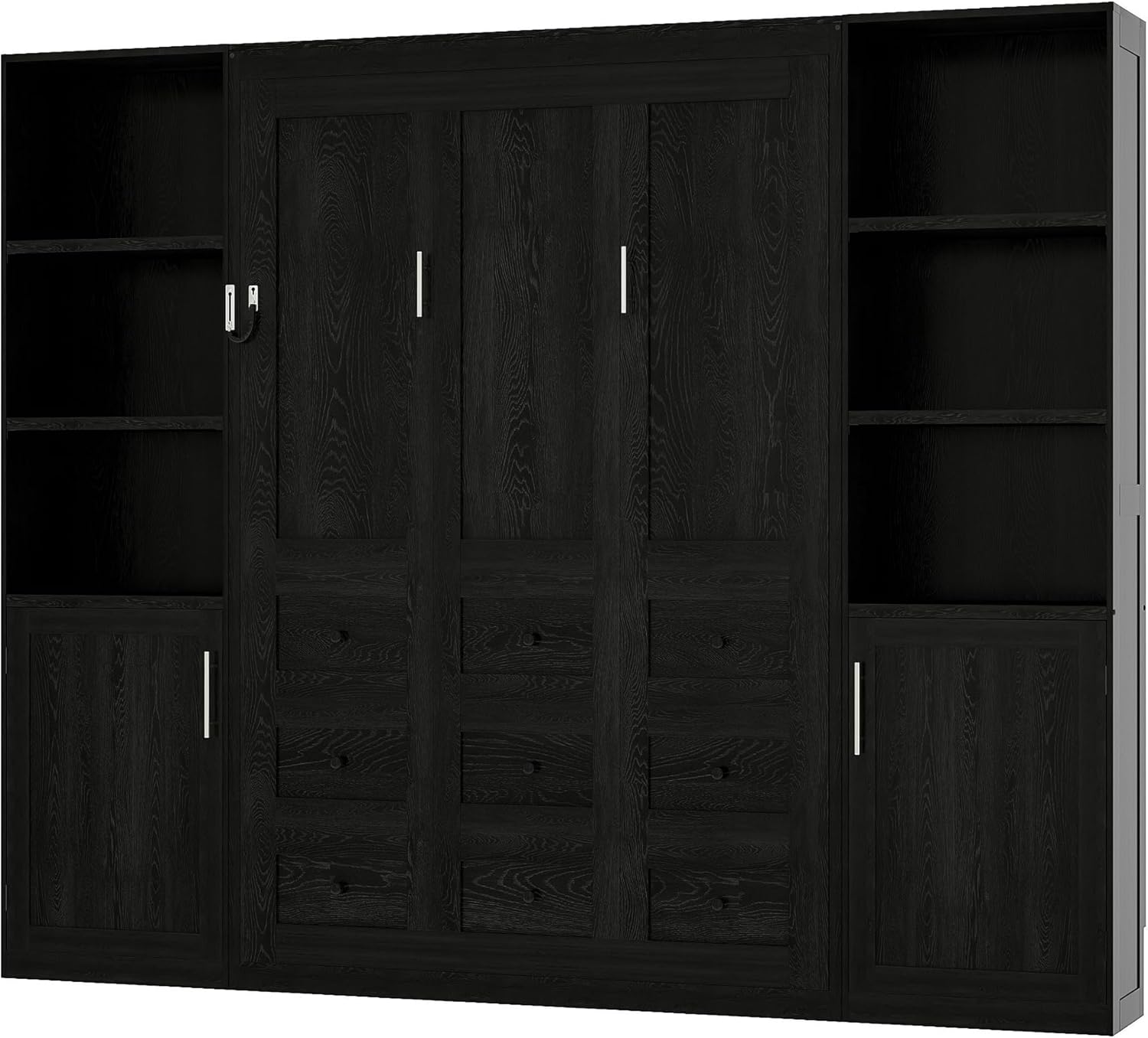 Merax Queen Size Murphy Bed with Storage Shelves and Cabinets, Black