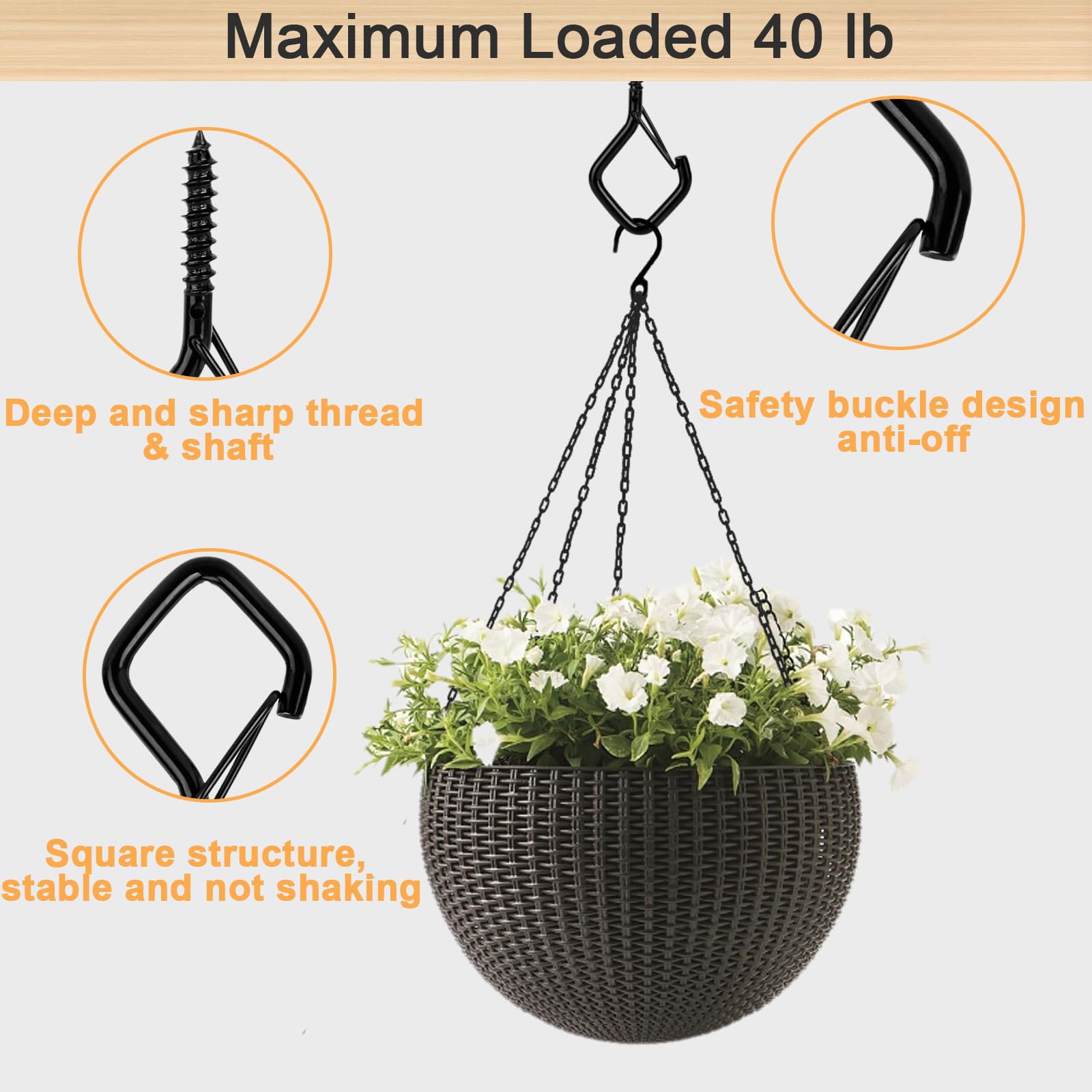 Gaodeding 20-Piece Ceiling Hooks with Safety Clasps, 40-Pound Load, Black Metal Screw Hooks, Indoor and Outdoor Use - Image 2