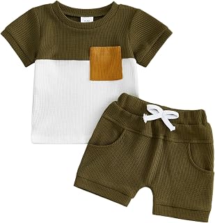 Toddler Baby Boy Summer Clothes Waffle Contrast Short Sleeve T-shirts Top Solid Shorts 2Pcs Outfit 6 12 18 24 Month