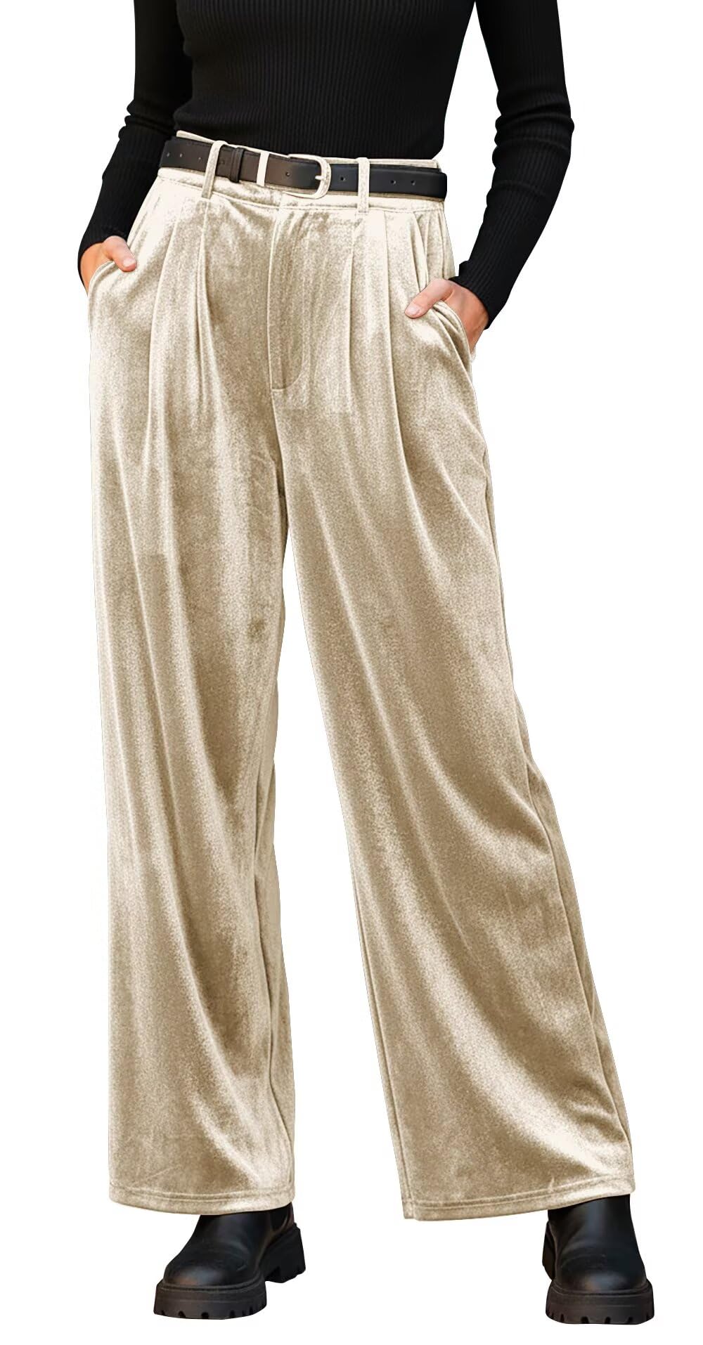 Velvet Womens Pants High Waisted Casual Wide Leg Dress Pants for Women Pleated Winter Work Trousers with Pockets