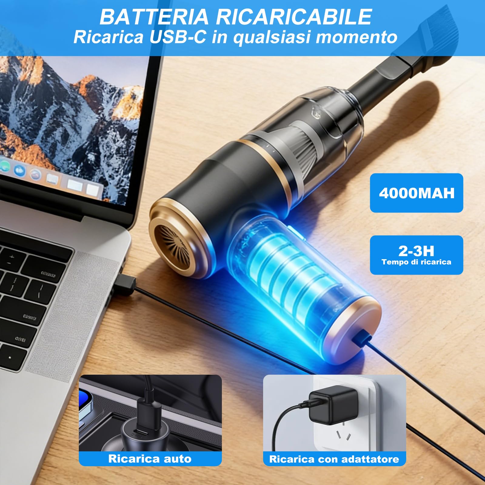 Mini aspirapolvere portatile senza fili per auto, ricaricabile, con display LCD e ugelli multipli, ad alta potenza, per auto, casa, ufficio, divano, peli di animali domestici, tastiera