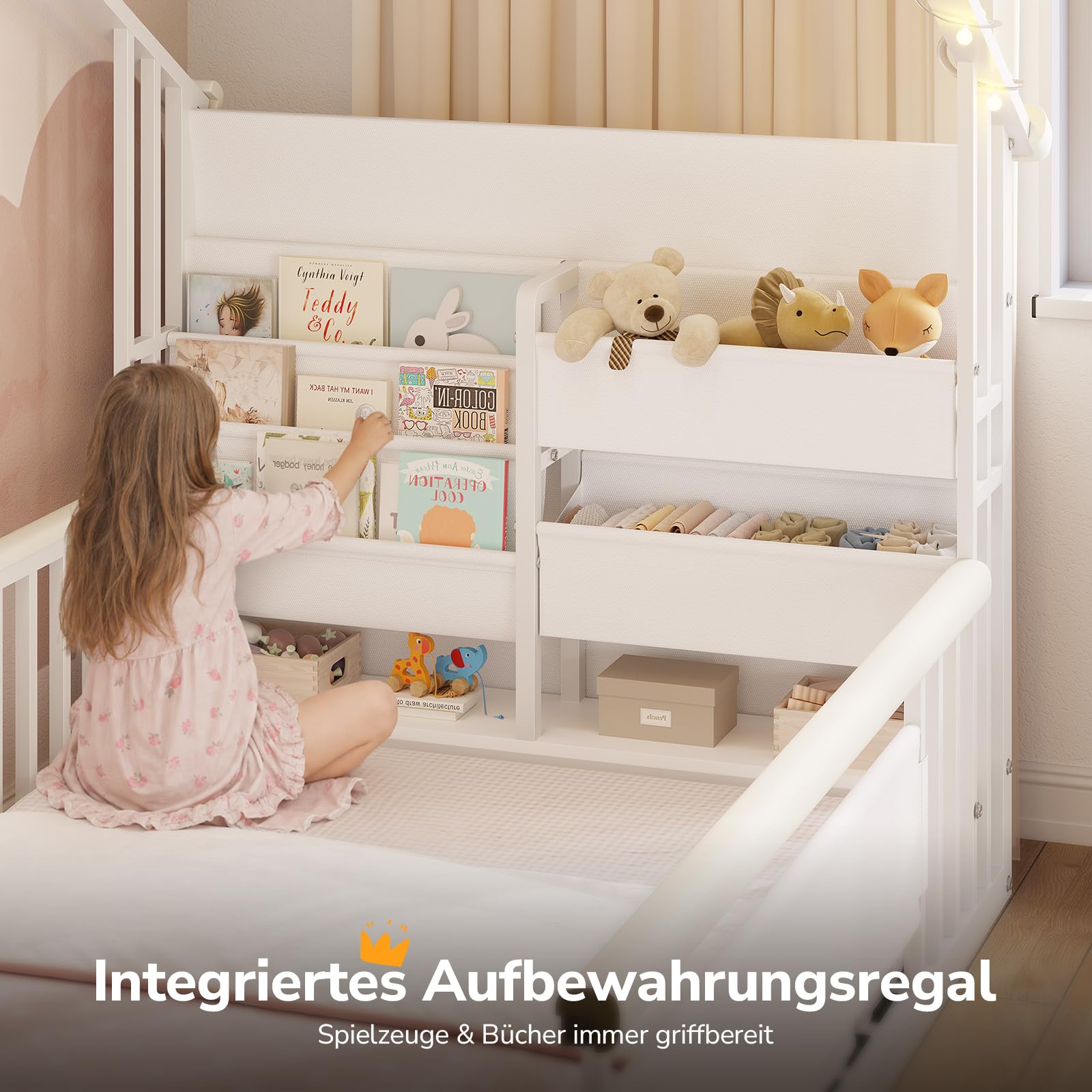 Hausbett 90x200 Metall nach Montessori mit LED, Weiß