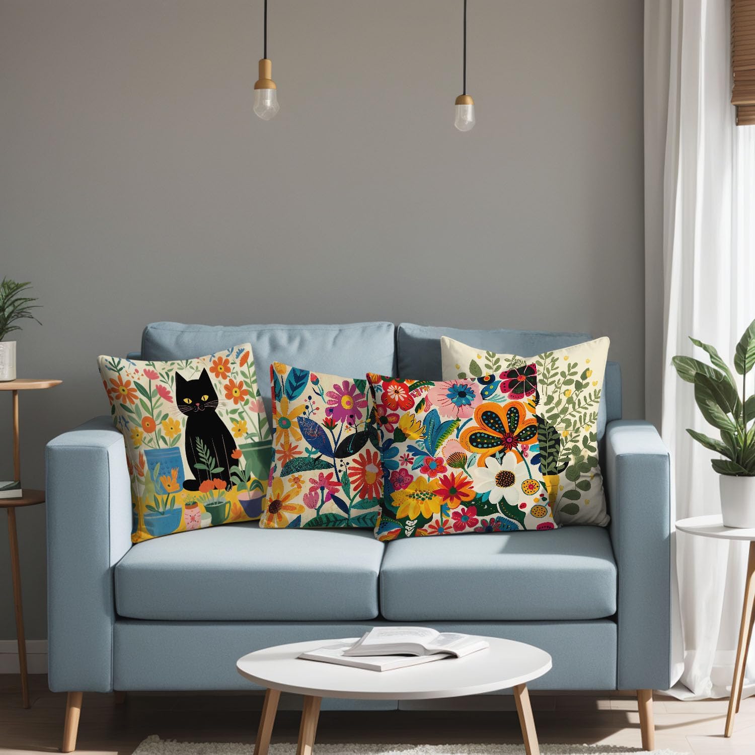 Abstract Flower Decorative Pillow Covers,Watercolor Wildflowers Black Cat Throw Pillow Covers for Home Bedroom Living Room Couch Decor,18x18 Inch Pillowcase Set of 4
