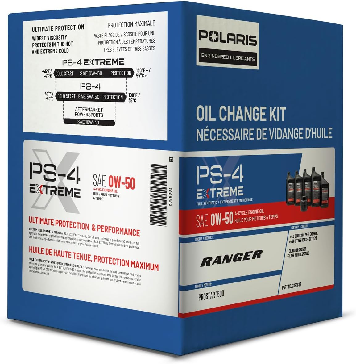 Polaris Oil Change Kit for RANGER XD 1500 with ProStar Engine, Including CREW Models, Includes 4 Quarts of PS-4 EXTREME 0W-50 Full Synthetic Oil, 1 Oil Filter, 1 Washer, for Off Road UTV - 2890883