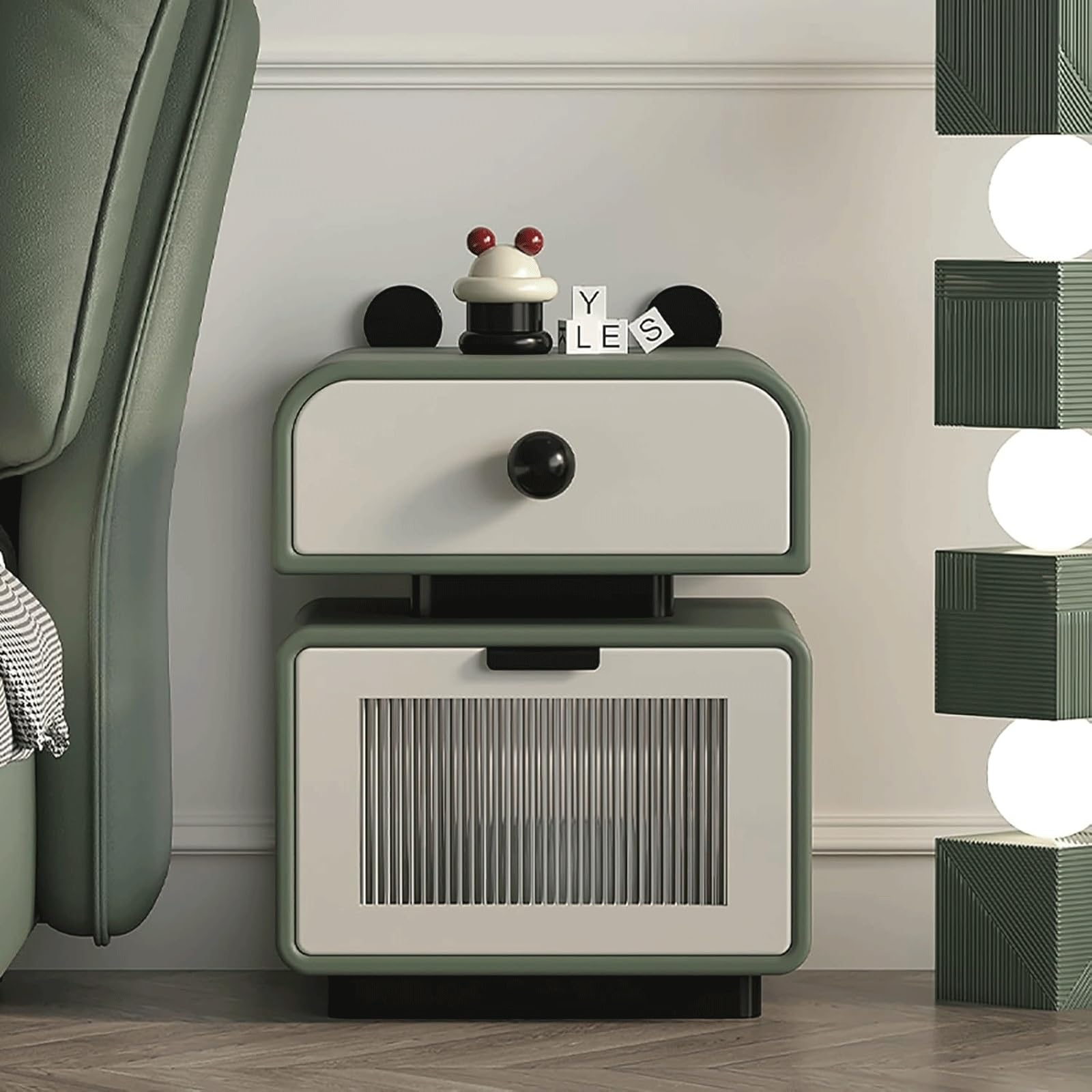 SXZenSpace Creative Nightstand with 2 Drawers and Rounded Handles Bedside Cabinet Portable Table for Bedroom Cute Side Table(Green,30cm)