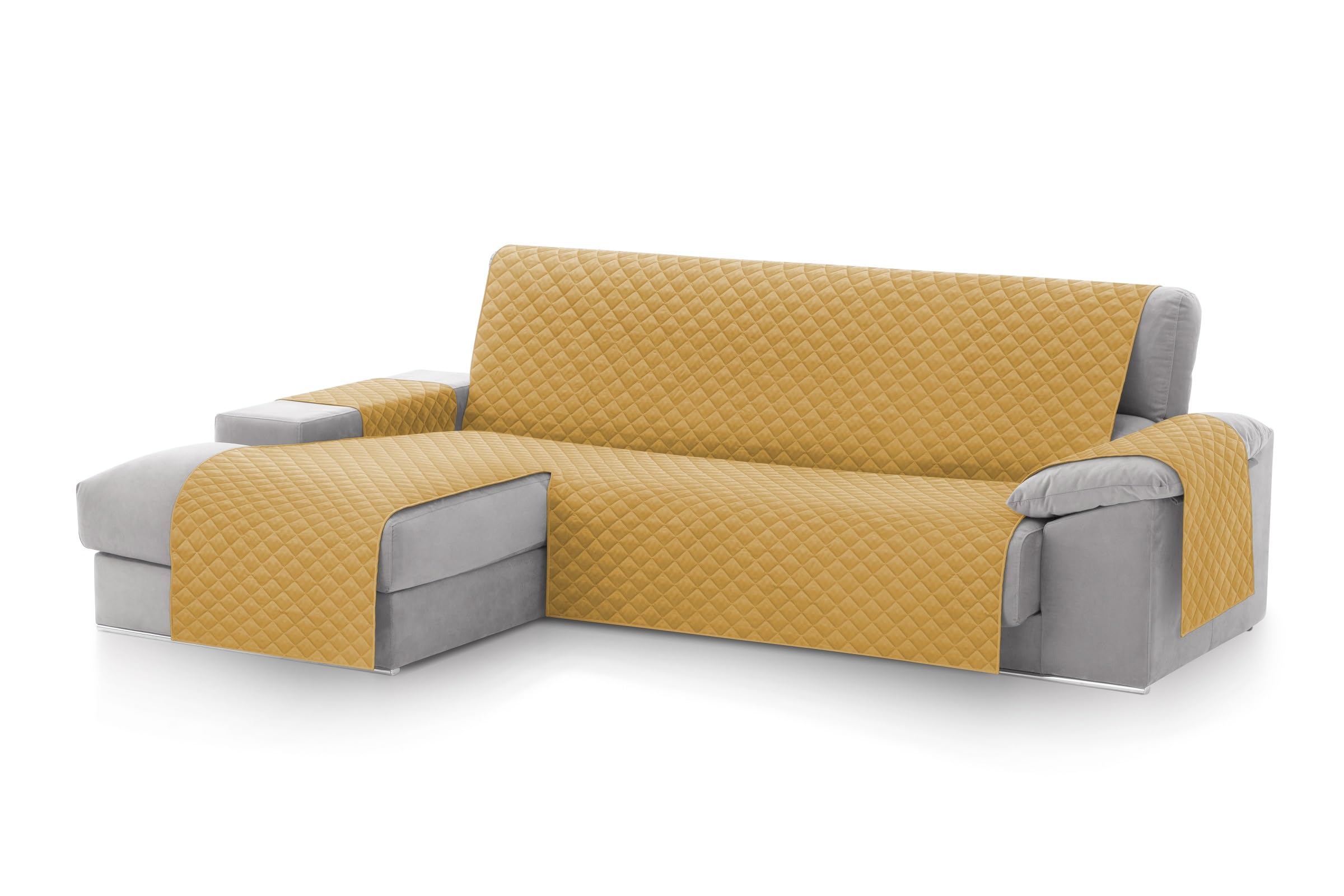Textilhome Copridivano Chaise Longue con Penisola Malu 240cm – Salvadivano Trapuntato Universale con Bracciolo Sinistro, Protezione per Animali Domestici, Colore Senape (Visto da Davanti)