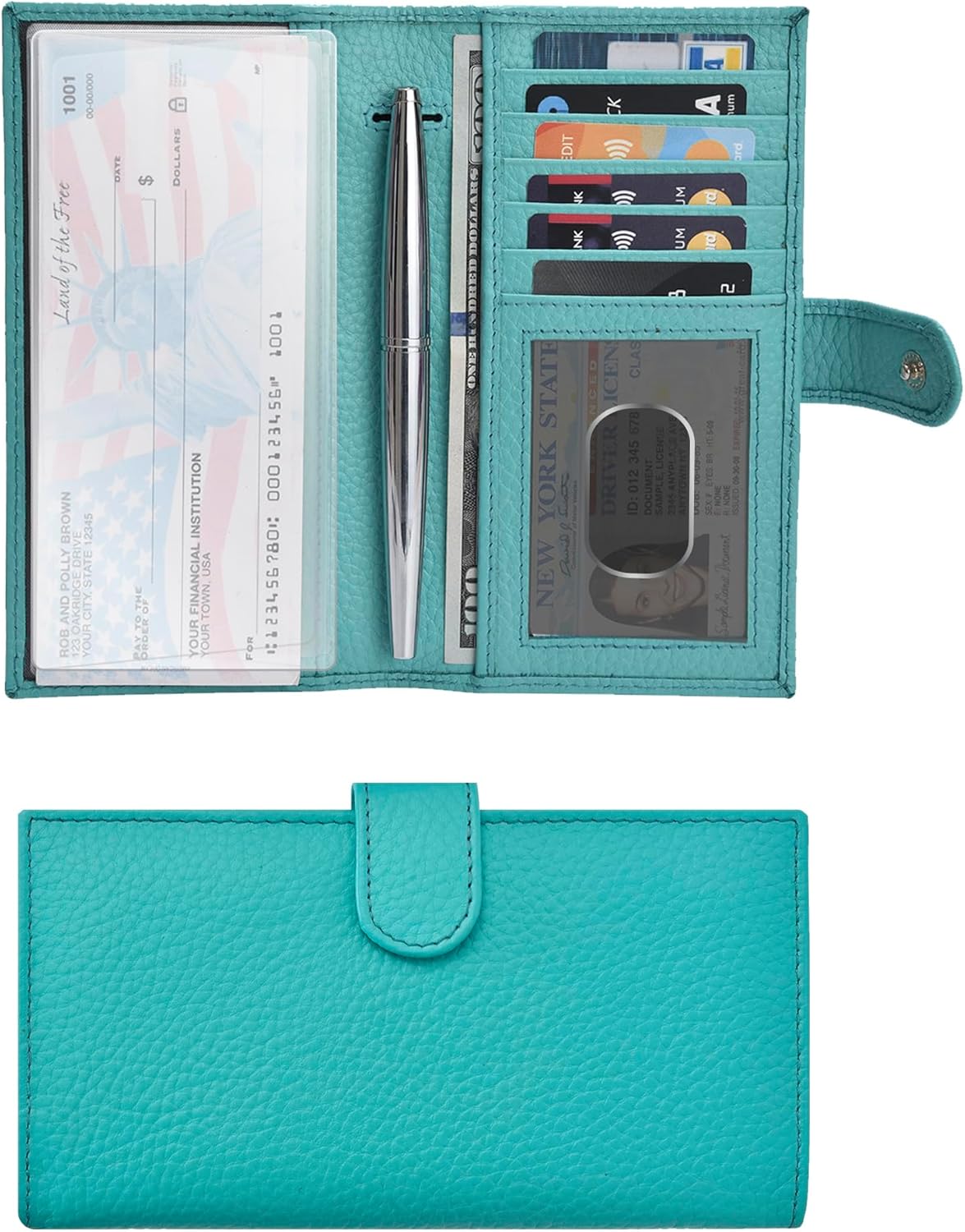 Oak Leathers Leather Checkbook Cover for Men & Women -RFID Slim Wallet Pen Holder Credit Card Gift Duplicate Checks Minimalist Design (Turquoise)