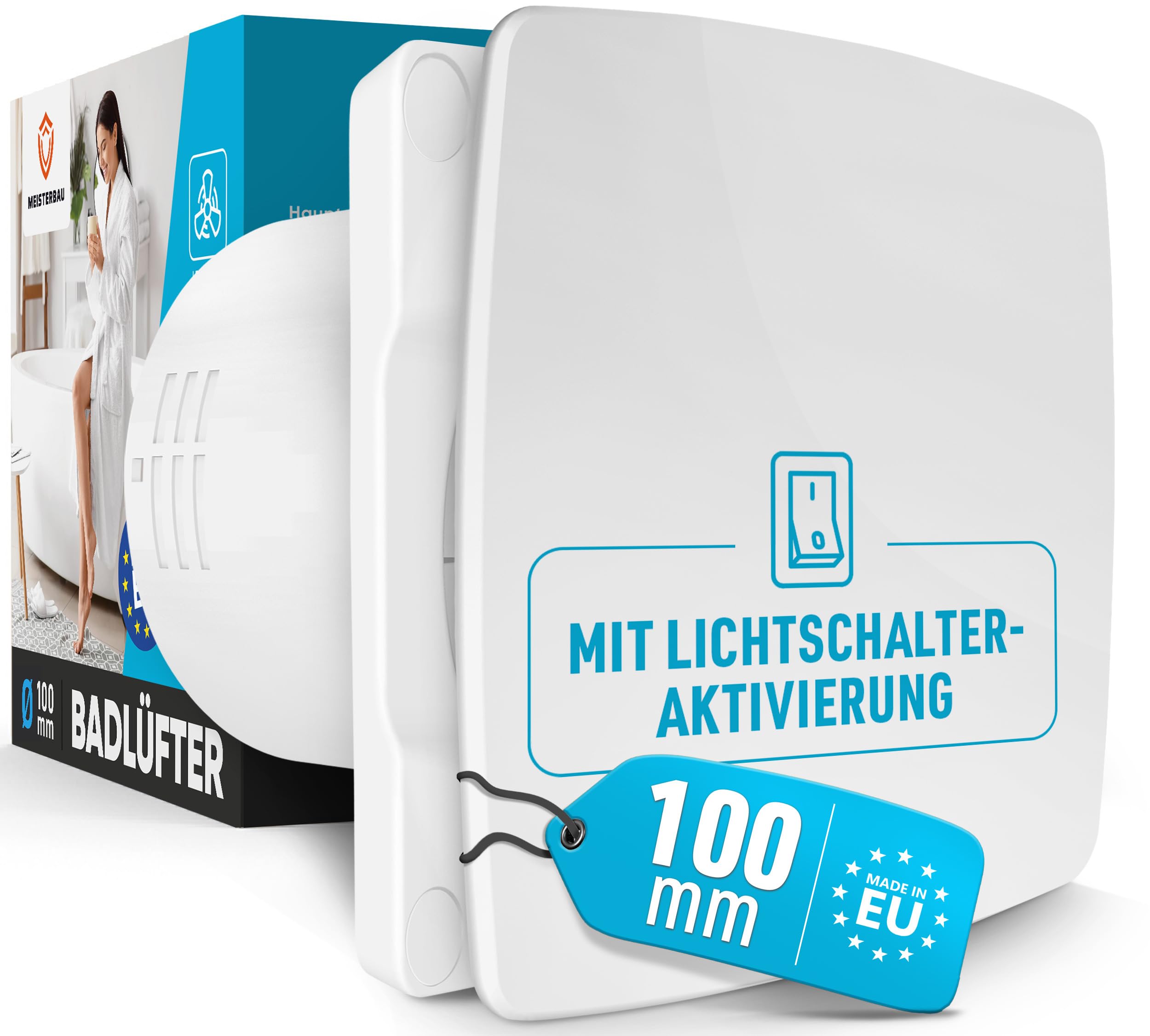 MEISTERBAU - Badlüfter mit Lichtschalter-Aktivierung [Made in Europe] - Leiser Lüfter 100mm Durchmesser - Effizienter Abluftventilator zur Wandmontage mit Montagematerial - Bad & Dusche