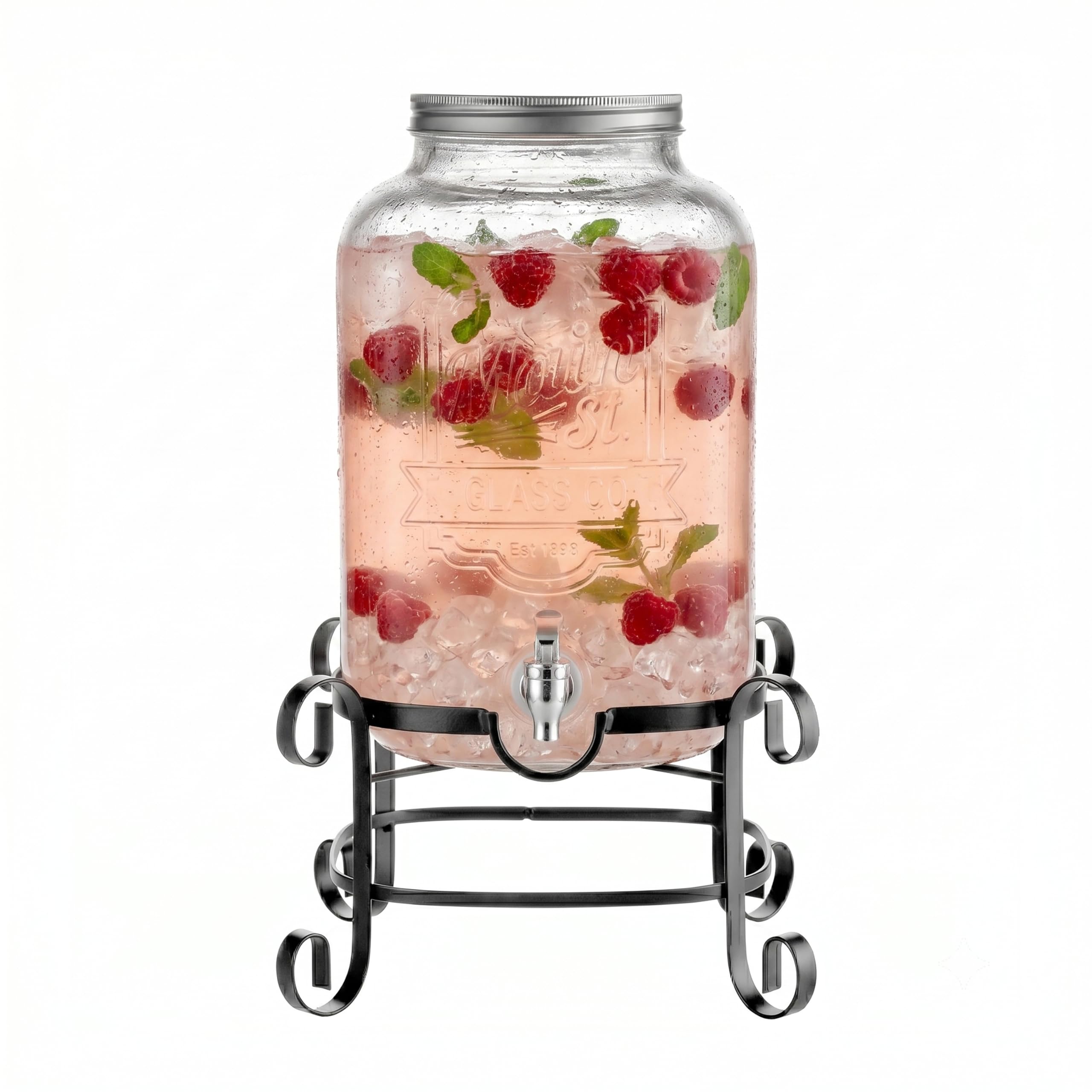 Dispensador de bebidas frías, jarra de cristal, soporte de metal y espiga de acrílico a prueba de fugas, ideal para fiestas, bodas y más