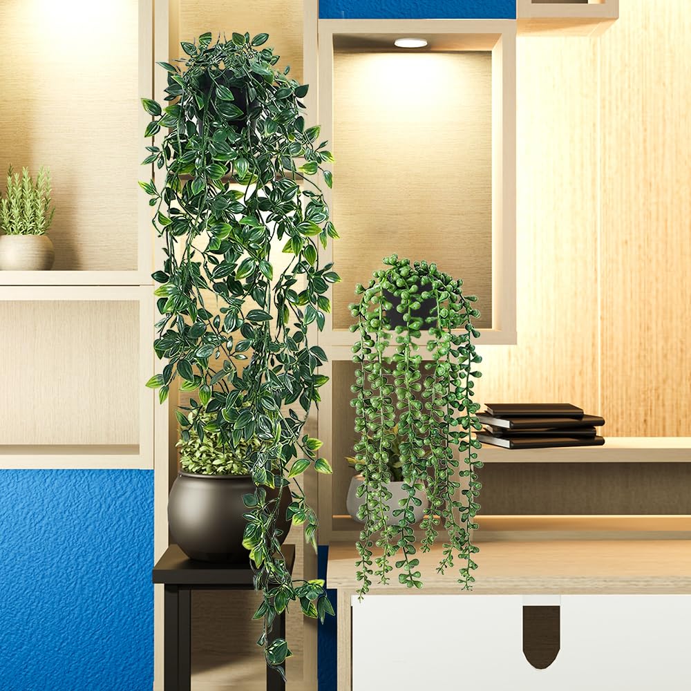 Lighterday Set of 4 Artificial Hanging Plants Fake Plants with Pots Artificial Vines Plants Indoor Outdoor for Wall Home Kitchen Garden Office Decoration (4 HANGING PLANT) - Image 4