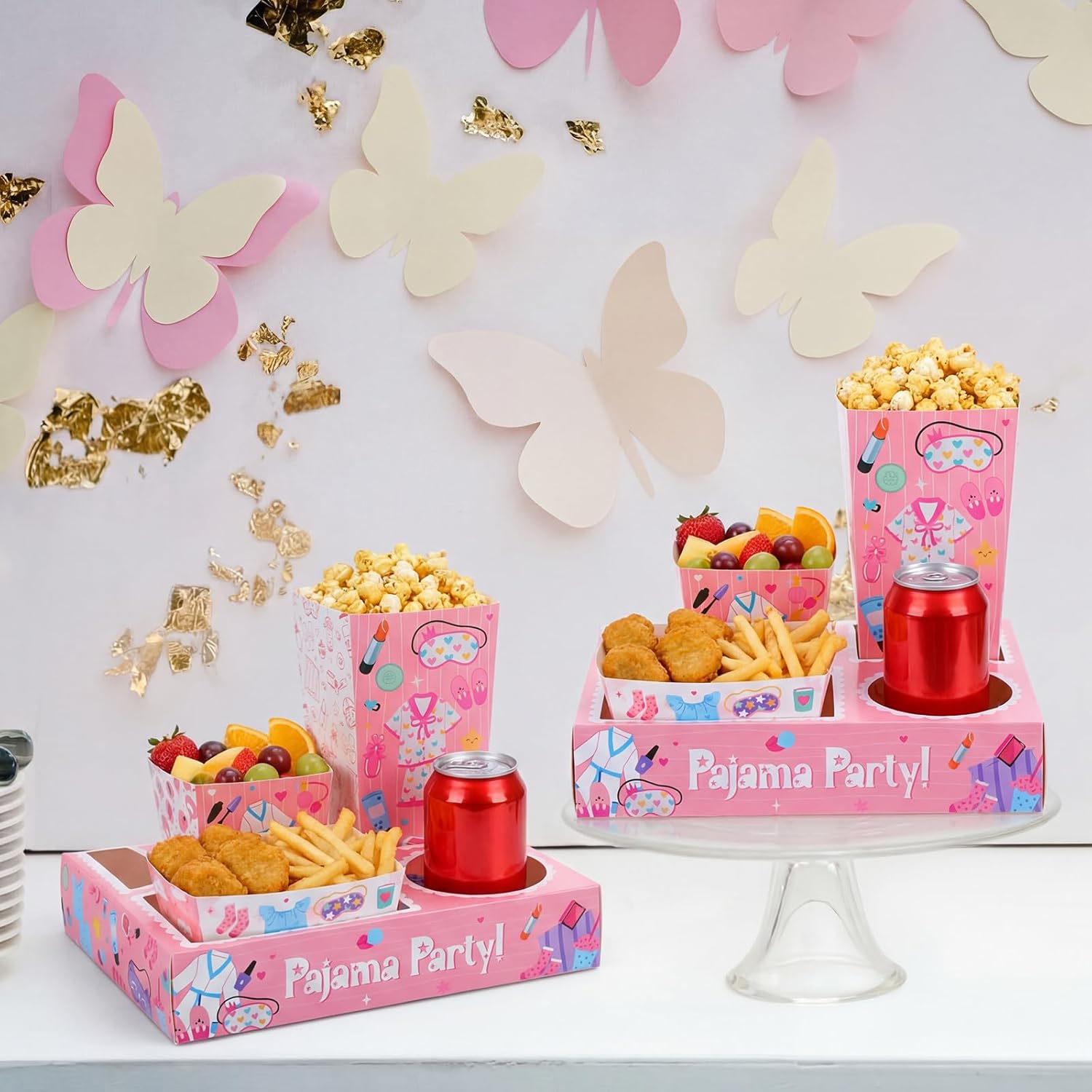 Thenshop 60 Pcs Pajama Slumber Party Snack Tray Set, Girls Sleepover Party Supplies Include Popcorn Boxes, Salad and Nacho Bowls, Invitations, Pink Pajama Slumber for Birthday Favor Decoration
