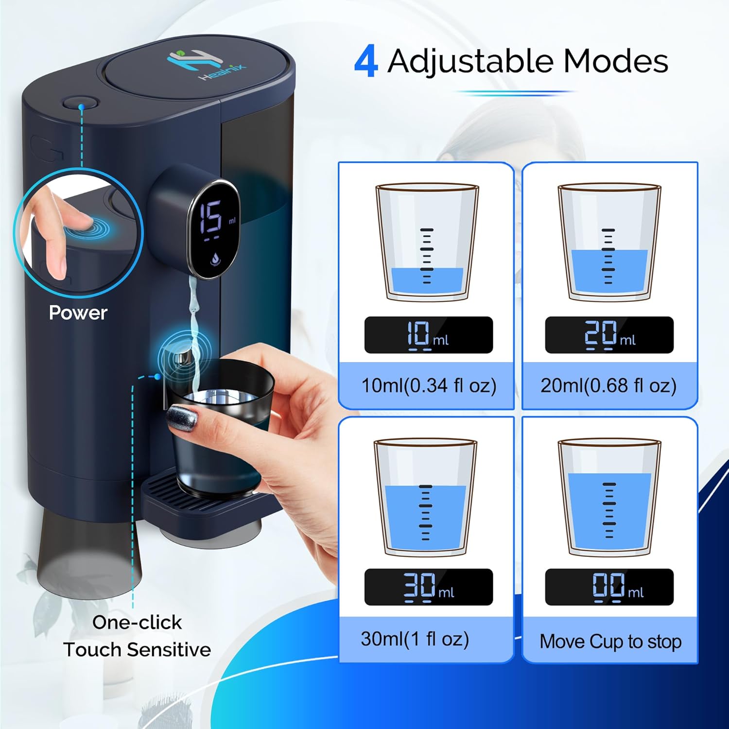 Automatic Mouthwash Dispenser for Bathroom (20.3 oz) - Touchless Smart Mouth Wash Dispenser with 4X Magnetic Cups - Wall-Mounted and Countertop Set for Kids and Adults Bathroom (Navy Blue)