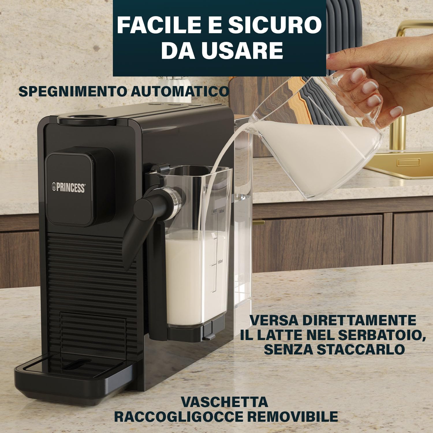 Princess Capsule and Latte Pro Macchina da Caffè a Capsule, Compatibile Nespresso, Latte Automatico, 20 Bar, 1400W, BPA Free, Parti Lavabili, Spegnimento Automatico, 01.249455.01.001
