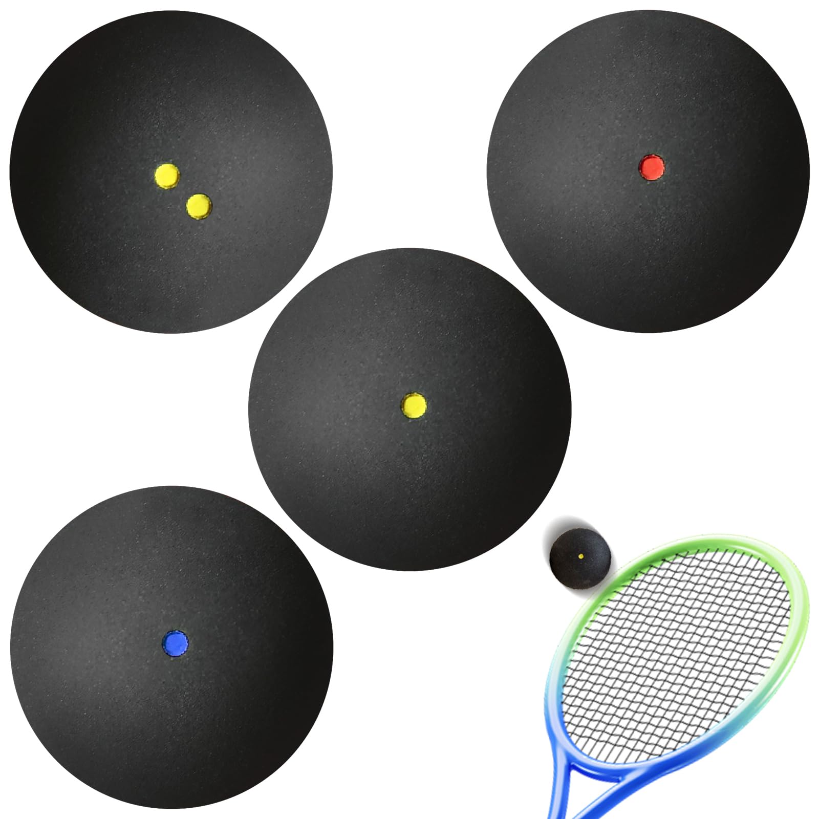 4 bolas de squash: pelota de squash de alto rebote, competición oficial, pelota de squash profesional para principiantes, competencia y entrenamiento (puntos amarillos dobles, puntos amarillos