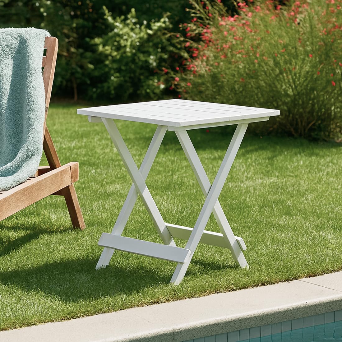 Acomoda Textil Mesa Plegable de Exterior 44x44x50 cm en Resina para Jardin Terraza. Mesa Auxiliar Cuadrada Ligera Resistente Facil de Guardar para Piscina o Comedor Exterior.