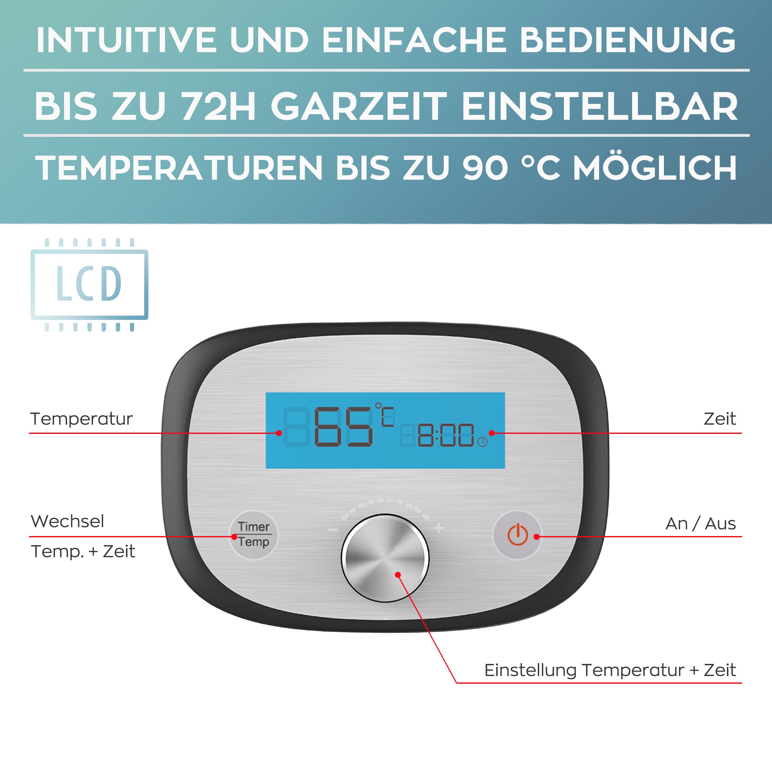 HEINRICHS Sous-Vide Garer für schonendes, gesundes und exaktes Garen der Speisen durch elektronische Temperaturregelung 45°C –90°C in 1°C-Schritten LCD-DISPLAY, Heinrich´s Edelstahl-gebürstet/schwarz