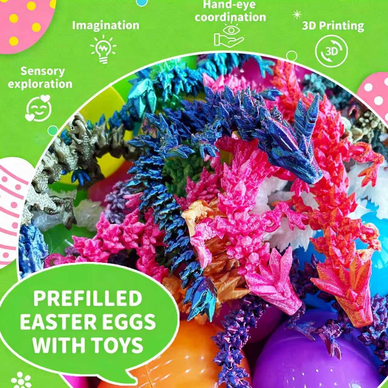 IRRONN 24Pcs Easter Eggs with 3D Printed Dragons Inside,Articulated 3D Printed Dragon for Easter Basket Stuffers,Fantasy Fidget Toyfor Kids Party Favors