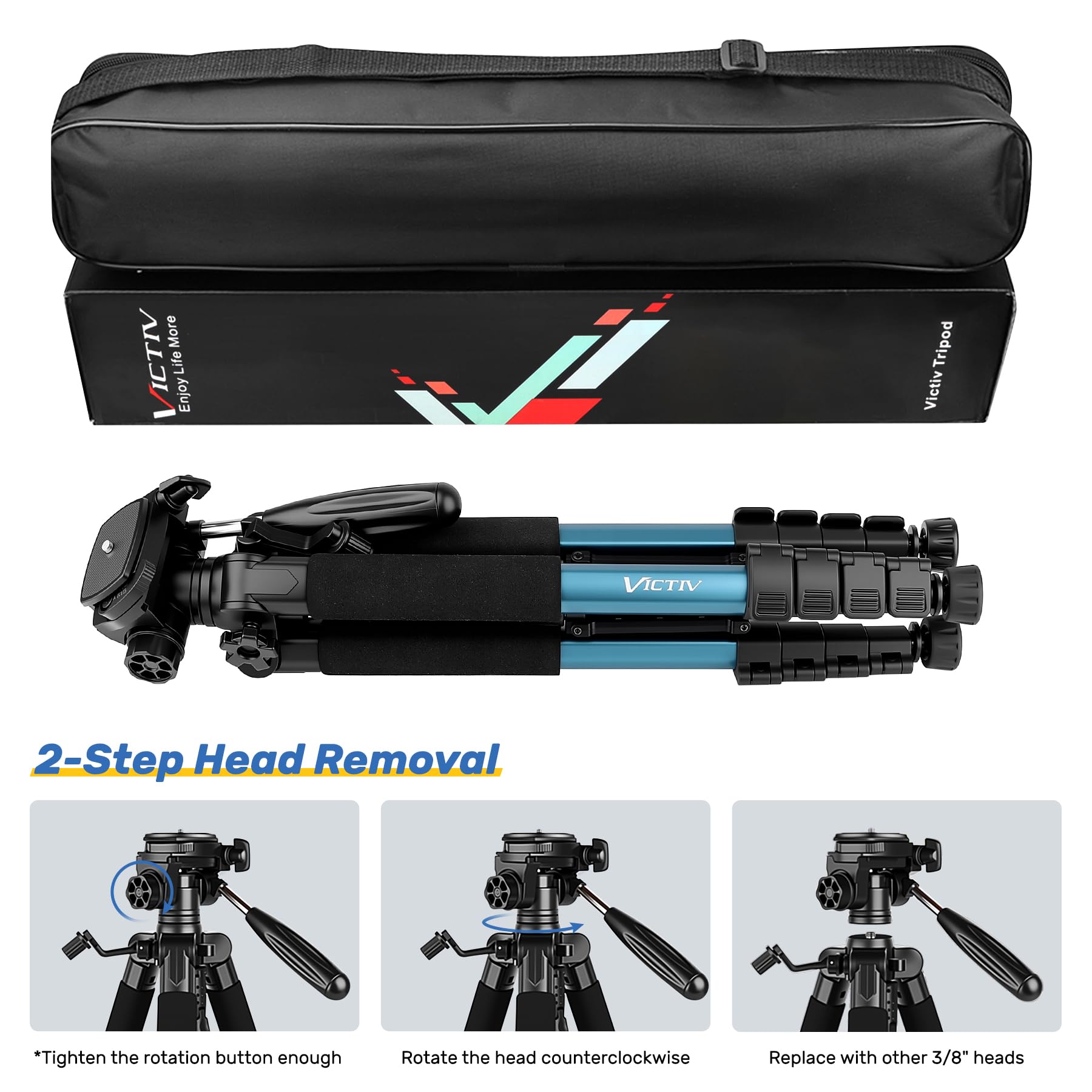 Victiv 188cm statyw fotograficzny, lekki i kompaktowy statyw podróżny do lustrzanek cyfrowych Canon Nikon Sony z odłączaną głowicą 3-kierunkową, pilot zdalnego sterowania – niebieski