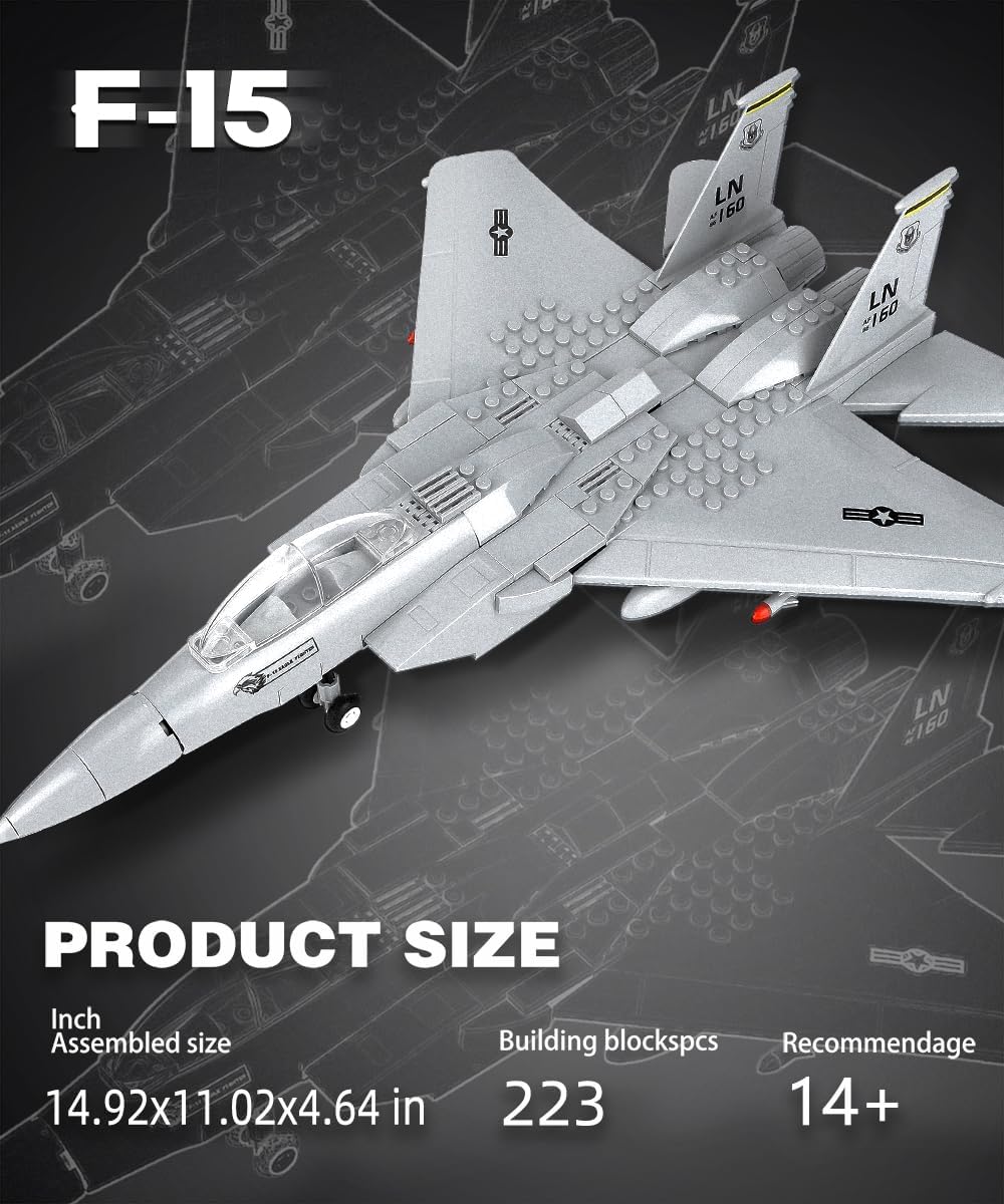 F15 Fighter Military Army Airplane Building Set- Compatible with Lego Planes and Jets, Gifts of Construction for Military Adults Enthusiasts (223 Pcs)