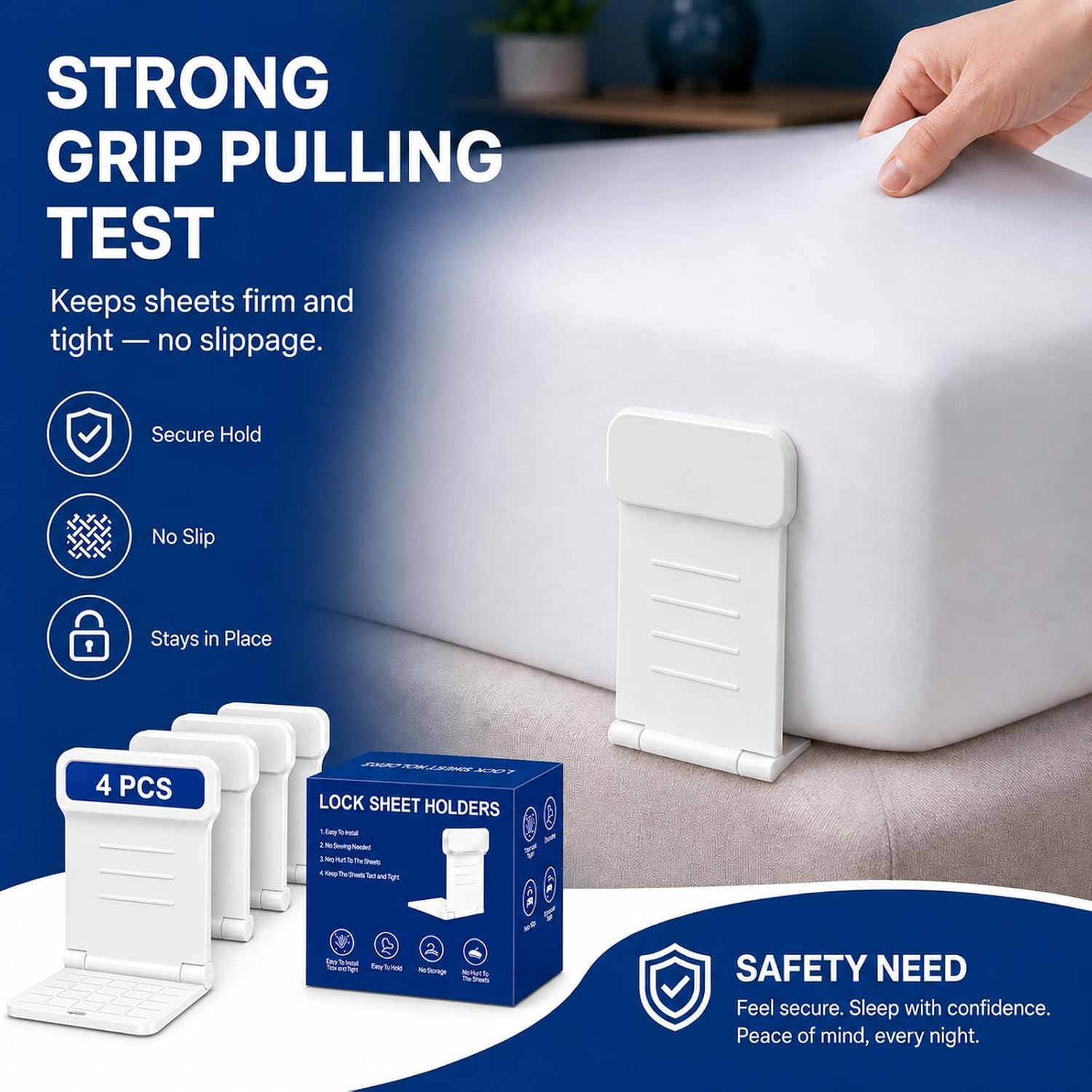 4-Pack Bed Sheet Holders, No-Metal Locking Corner Grippers