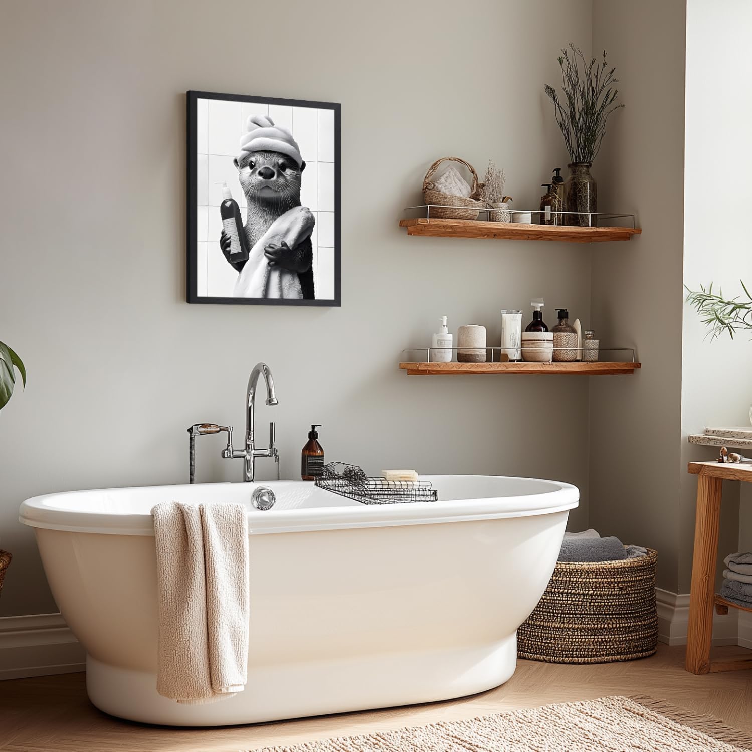 kilamino Wood Framed Funny Bathroom Wall Art, Black and White Otter Wall Decor, Cute Otter Holding Shampoo Art Print, Funny Animal Canvas Painting for Bathroom Toilet Bedroom Hallway Office 12"x16"