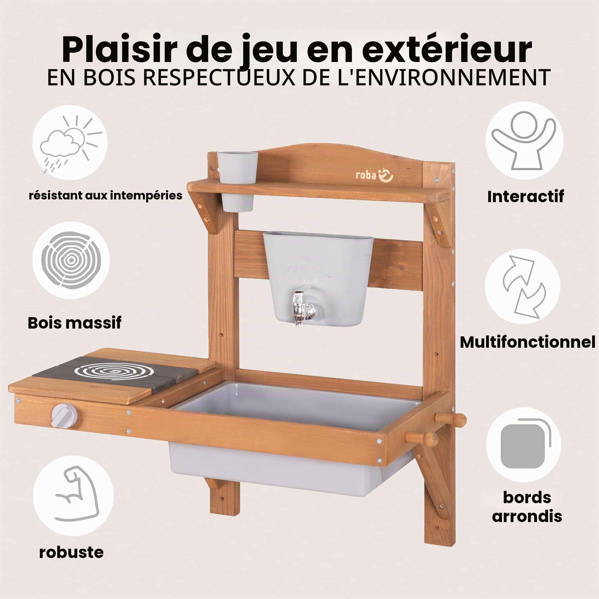 roba Cuisine Extérieure Murale pour Enfants avec Évier, Plaque de Cuisson, Réservoir à Eau et Accessoires - Mini-Cuisine à Suspendre en Bois Massif Lasuré Teck