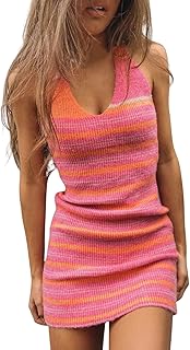 [YKPK] Womens Casual Summer Halter Mini Dress Knitted Sleeveless Bodycon Mini Dress Party Beach Sundresses