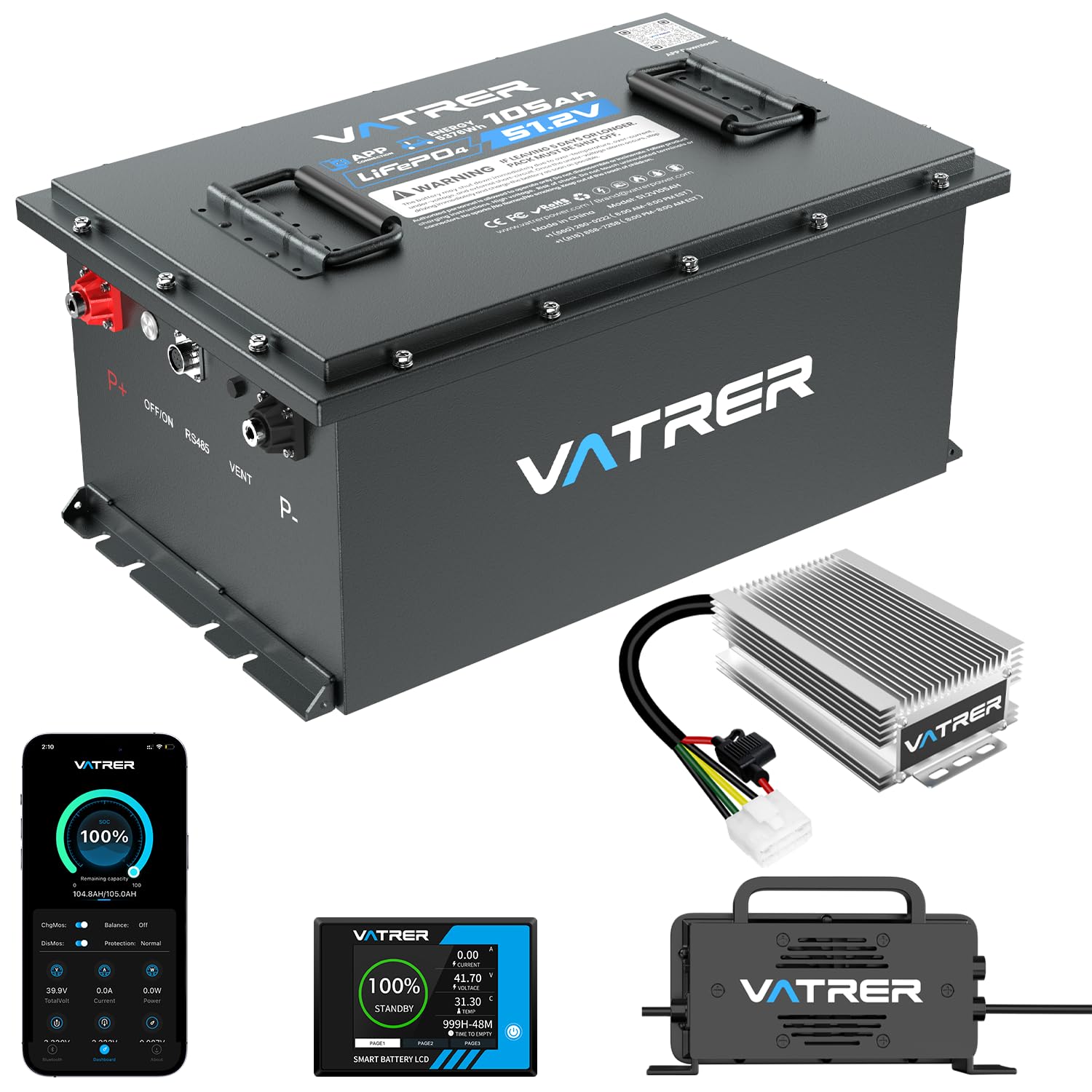 48V Lithium Golf Cart Battery Built-in 200A BMS with 18A Charger 48V-12V Converter Touch Monitor Mobile APP 4000