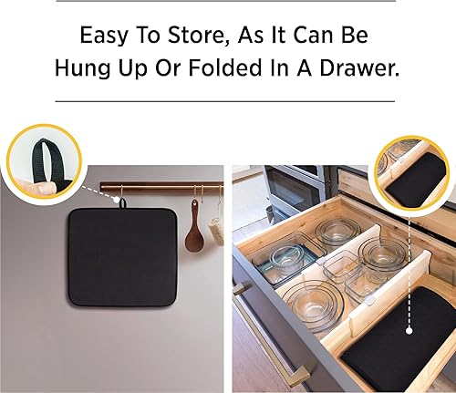 Miniatura 6 de Tapete de secado de platos prémium de microfibra súper absorbente de 16 x 18 pulgadas, escurridor de platos, doble superficie (negro)