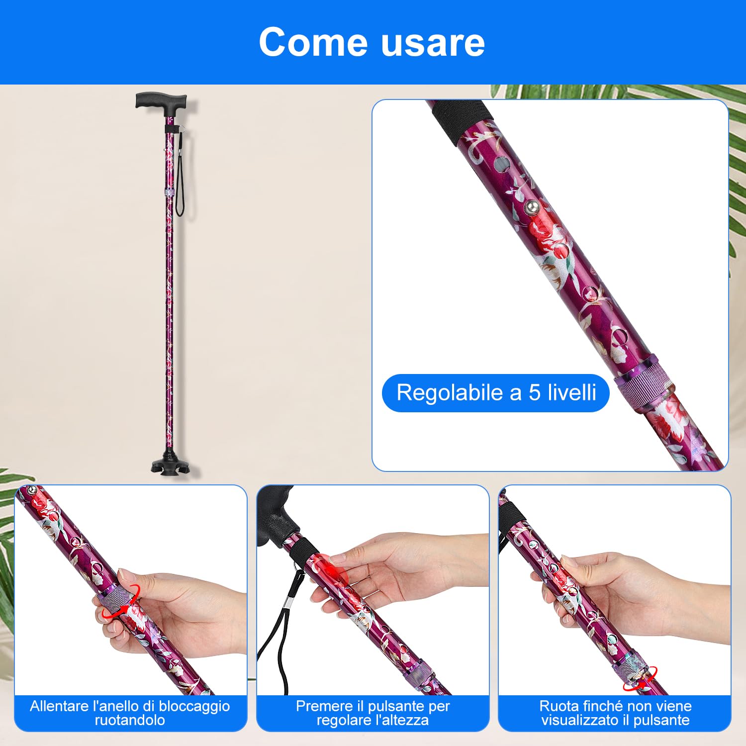 supregear Bastone per Anziani, Self-Standing 4 Zampe Bastone da Passeggio Pieghevole per la Mobilità Robusto, 5-Livello Altezza Regolabile con T-Maniglia e Anti-Perso Polso Cinghia